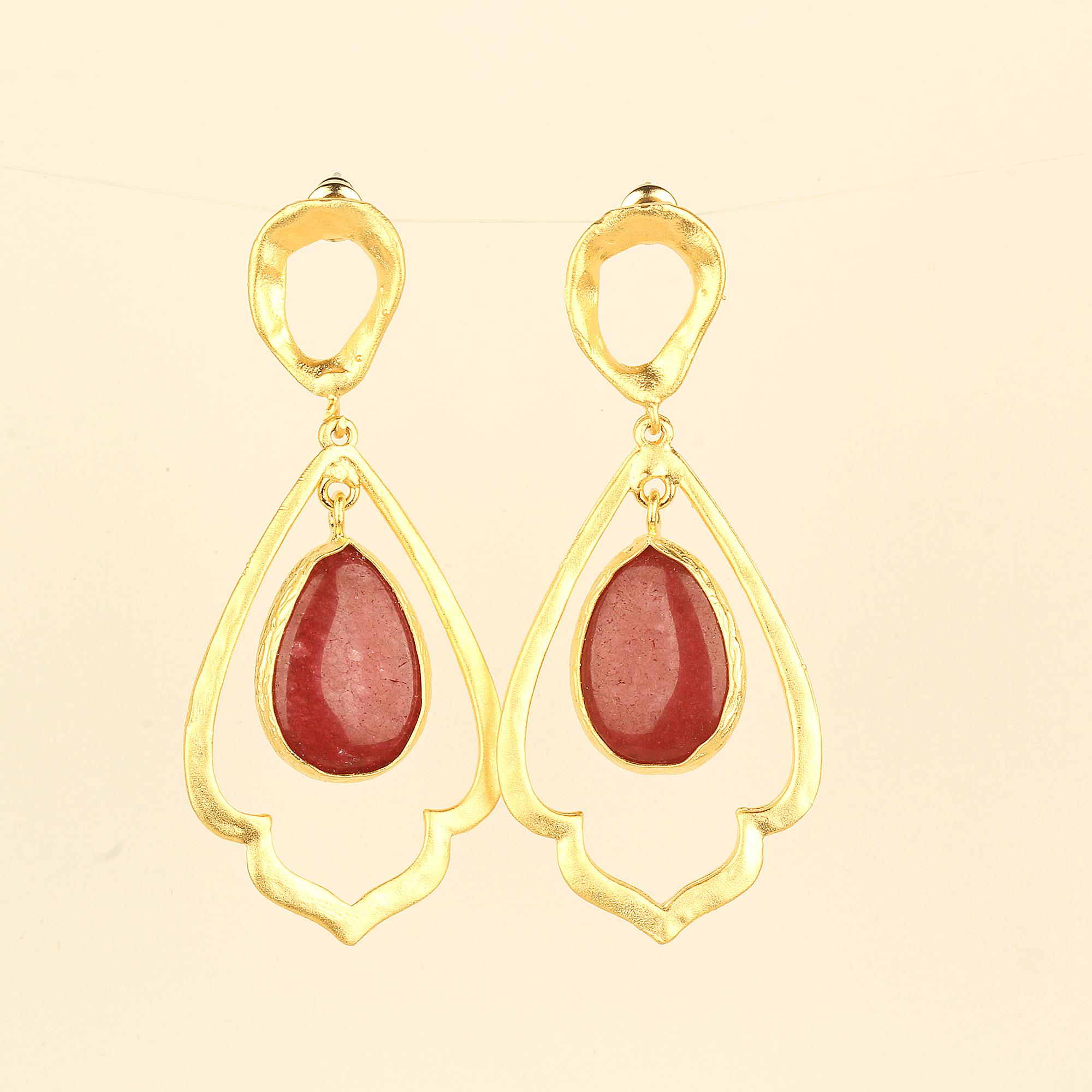 Metal Dangled Red Natural Stone Earrings