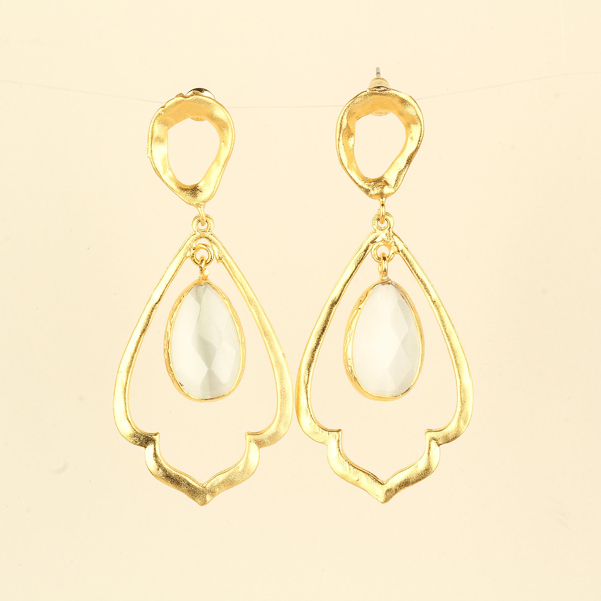 Metal Dangled White Cat Eye Stone Earrings