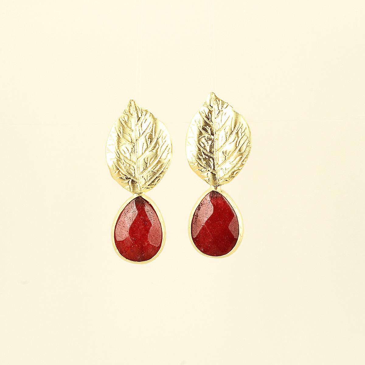 Mono Red Natural Stone Leaf Earrings