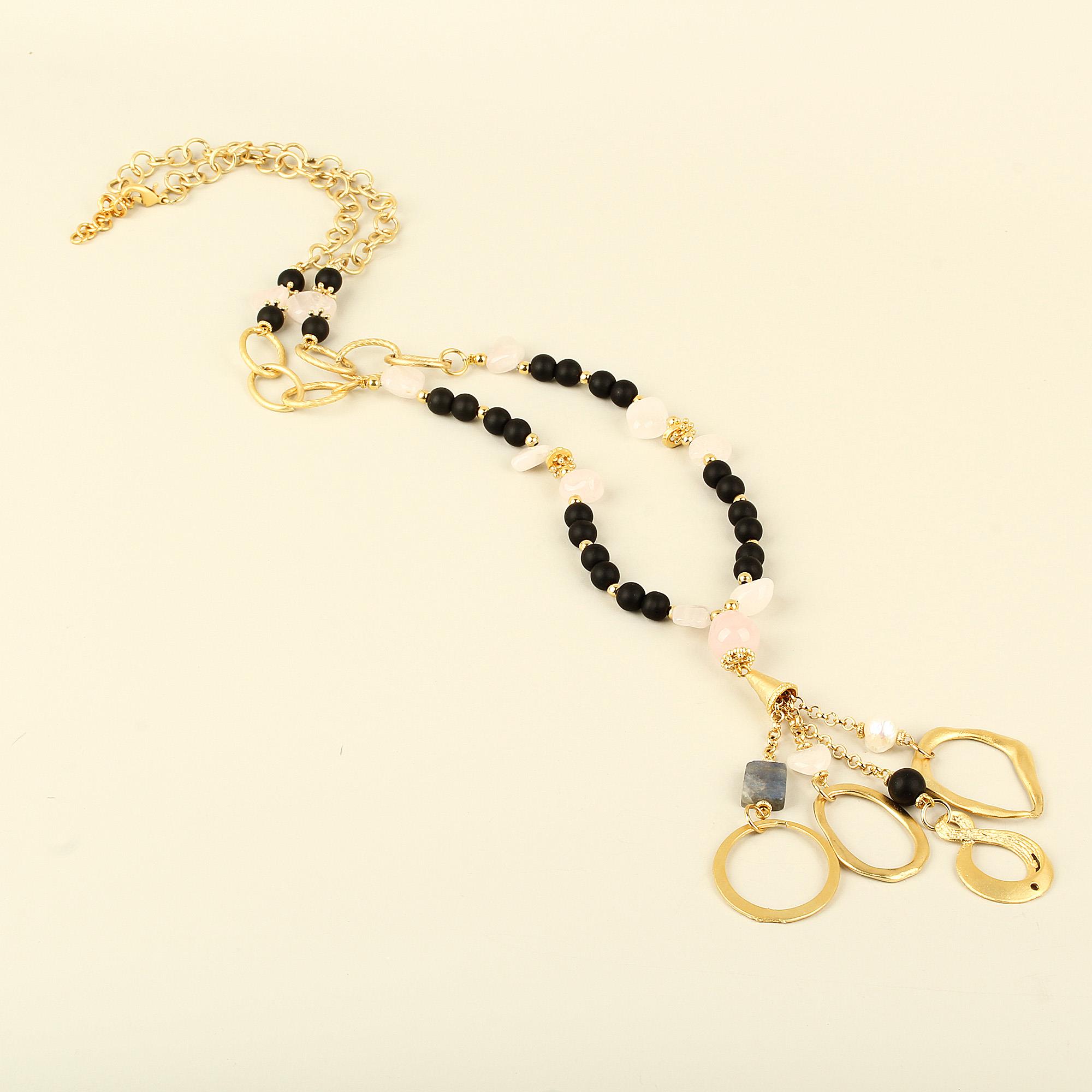 Multi Medallion Black Natural Stone Long Necklace