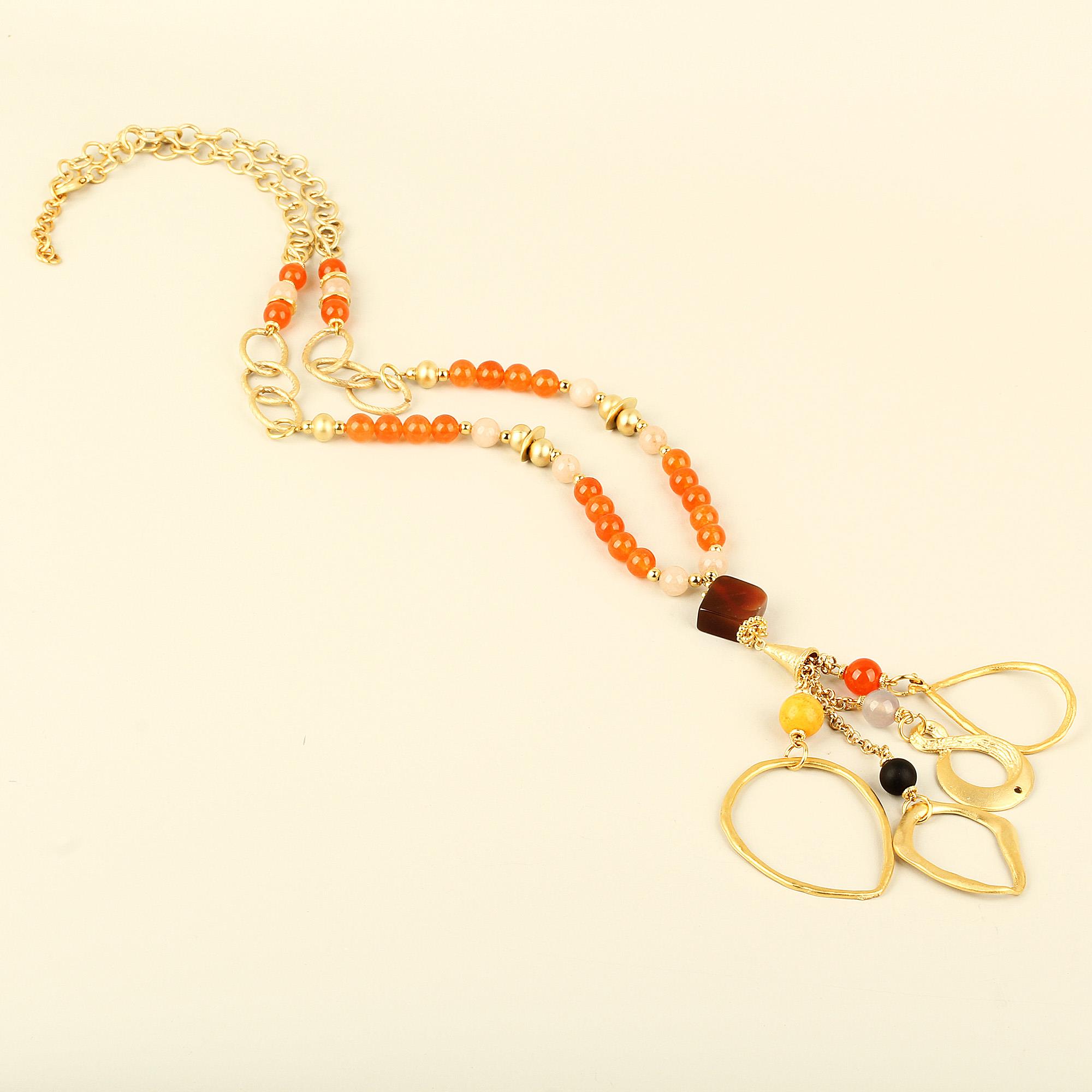 Multi Medallion Orange Natural Stone Long Necklace