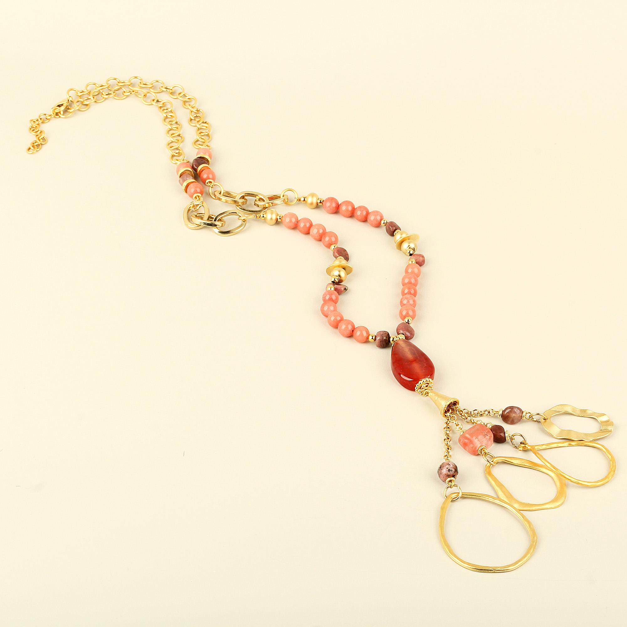 Multi Medallion Pink Natural Stone Long Necklace