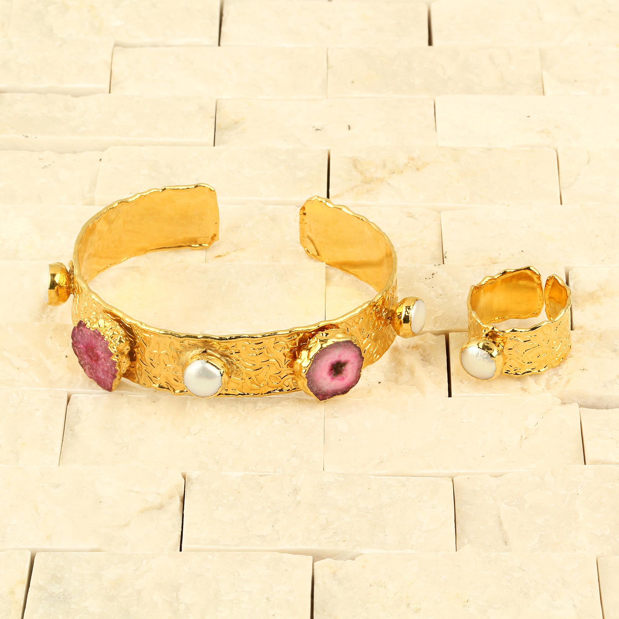 Natural Stone Cuff With Pearl Ring