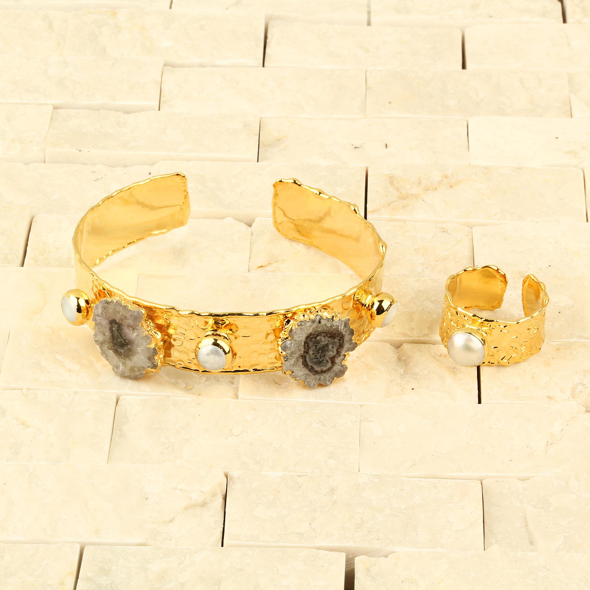 Natural Stone Cuff With Pearl Ring
