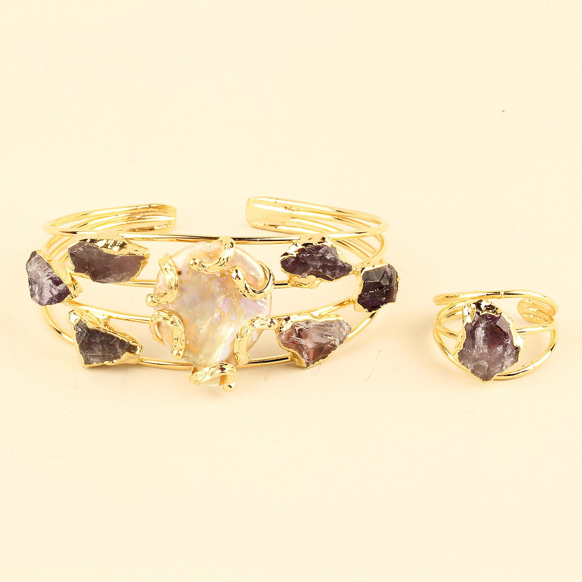 Natural Stone Rib Cuff and Ring