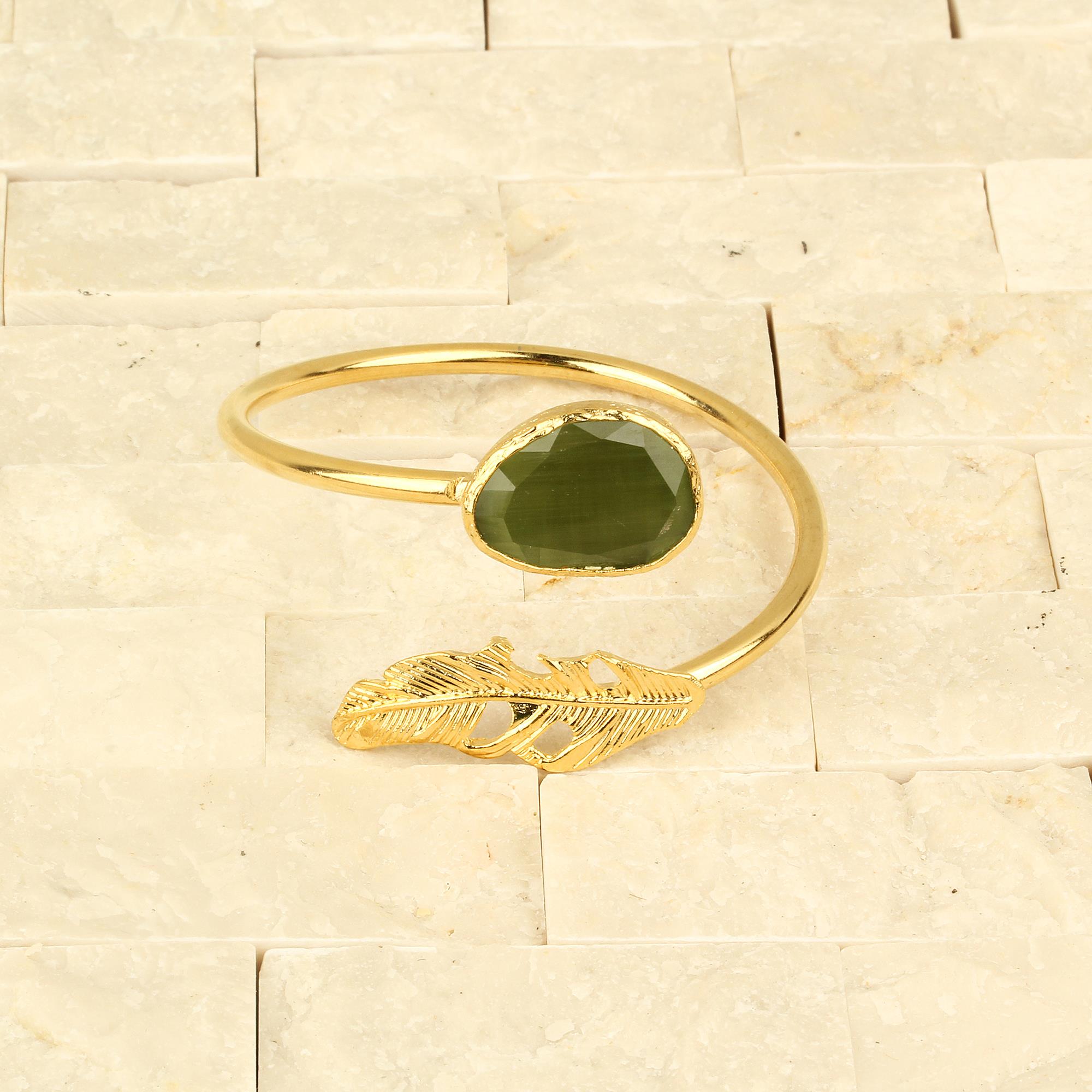 Olive Green Cat Eye Stone and Leaf Bracelet