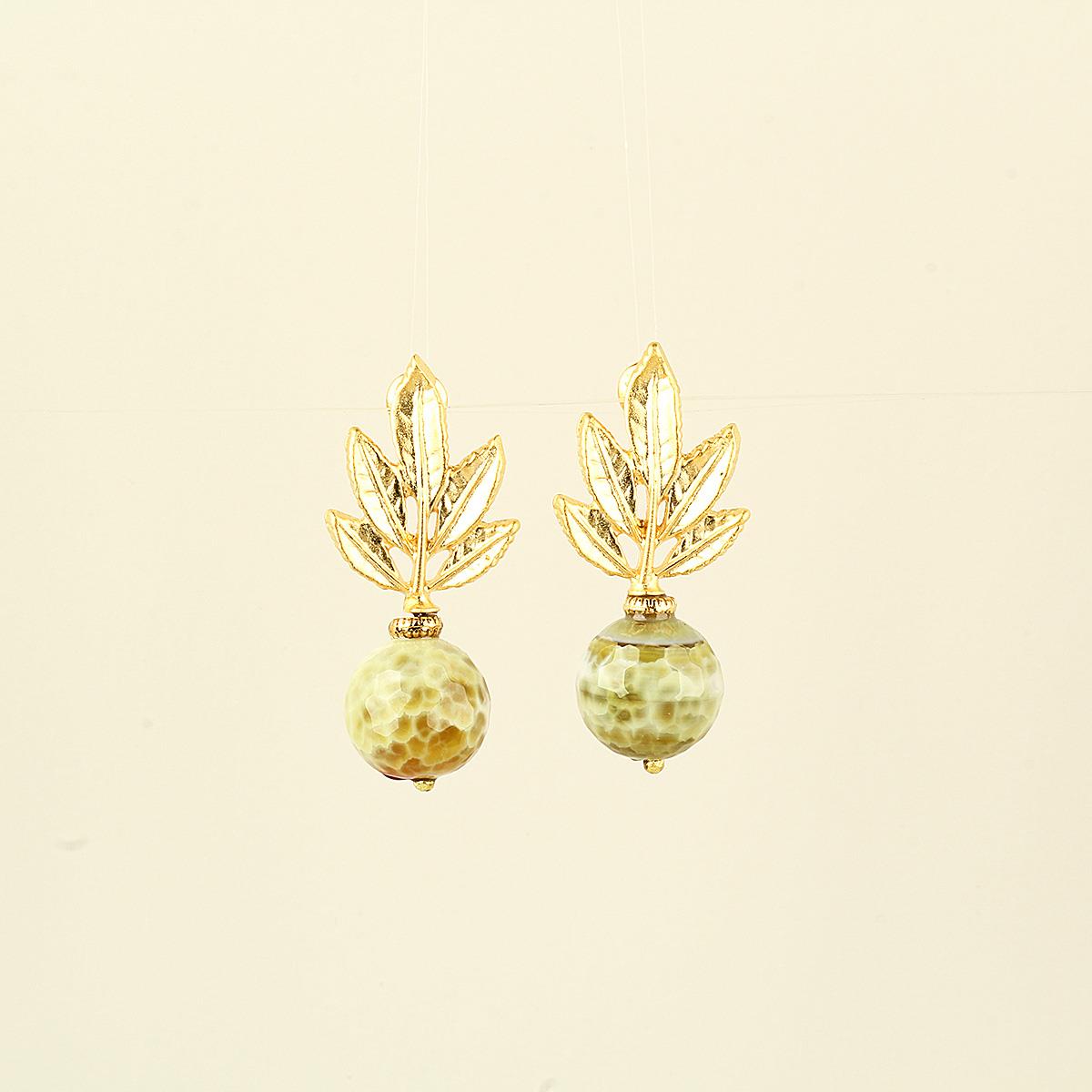 Olive Green Natural Stone Leaf Earrings