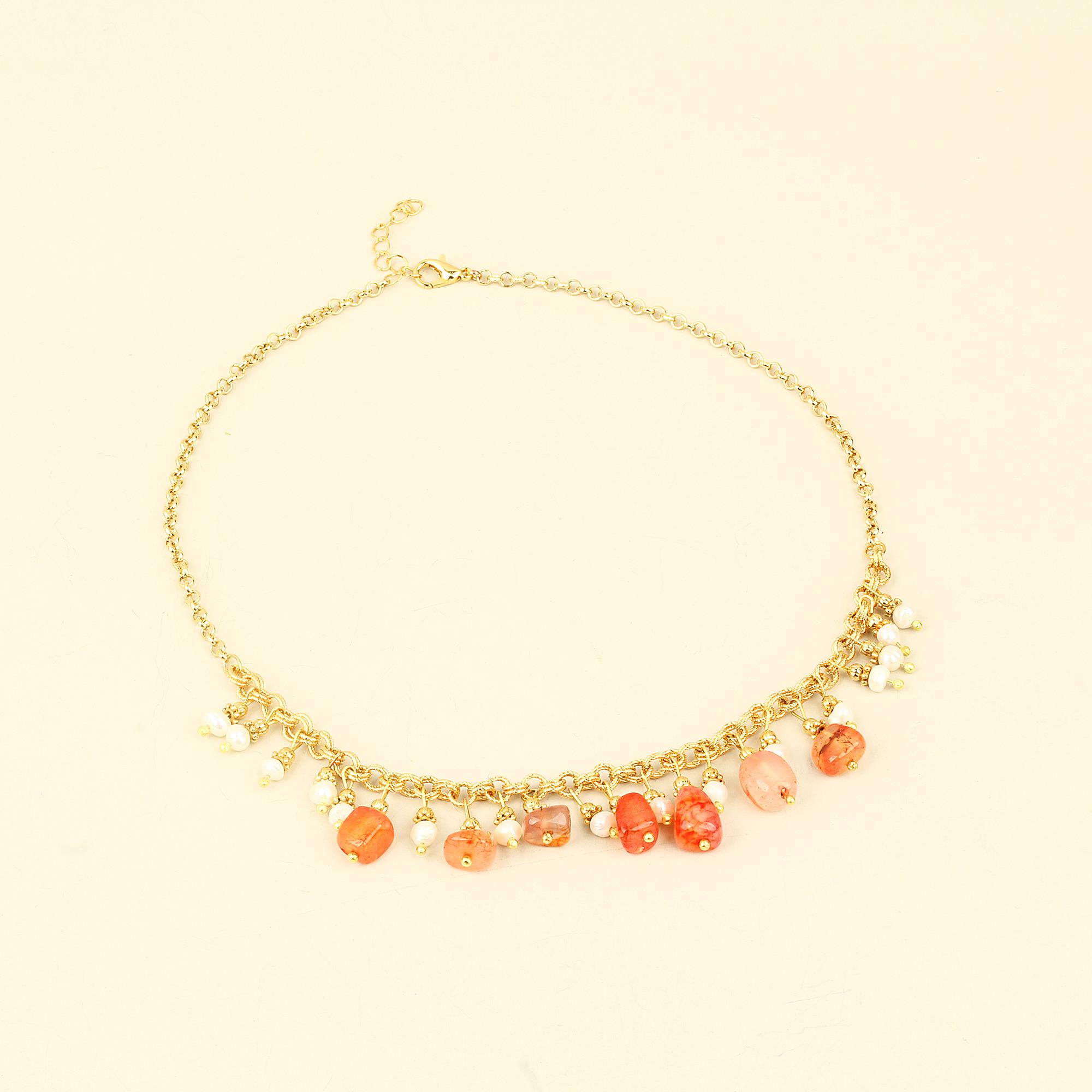 Orange Natural Stones and Pearl Short Chain Necklace