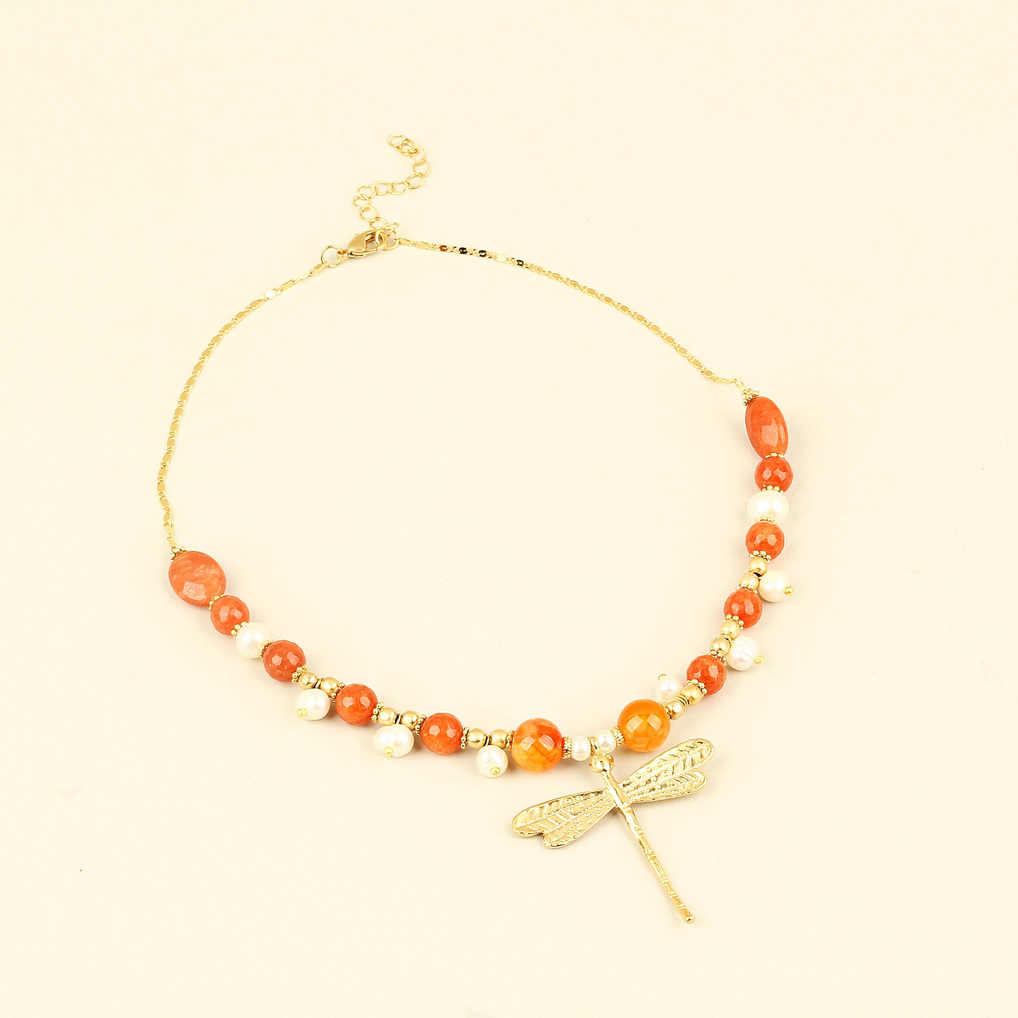 Orange Natural Stones Pearl Detailed Dragonfly Chain Necklace