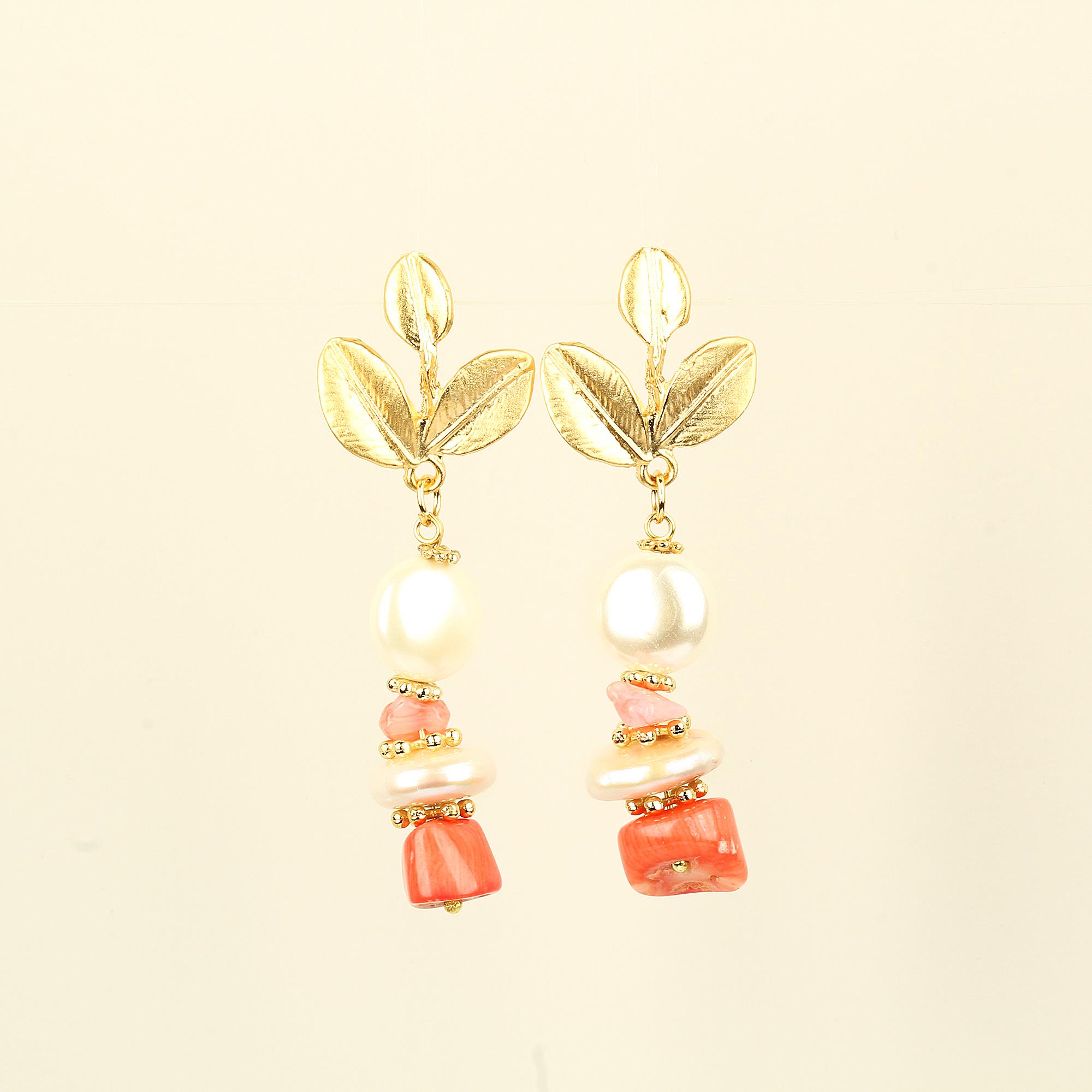 Pearl and Coral Leaf Earrings