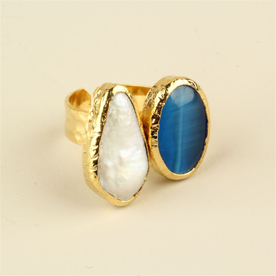 Pearl & Blue Cats Eye Stone Duo Ring