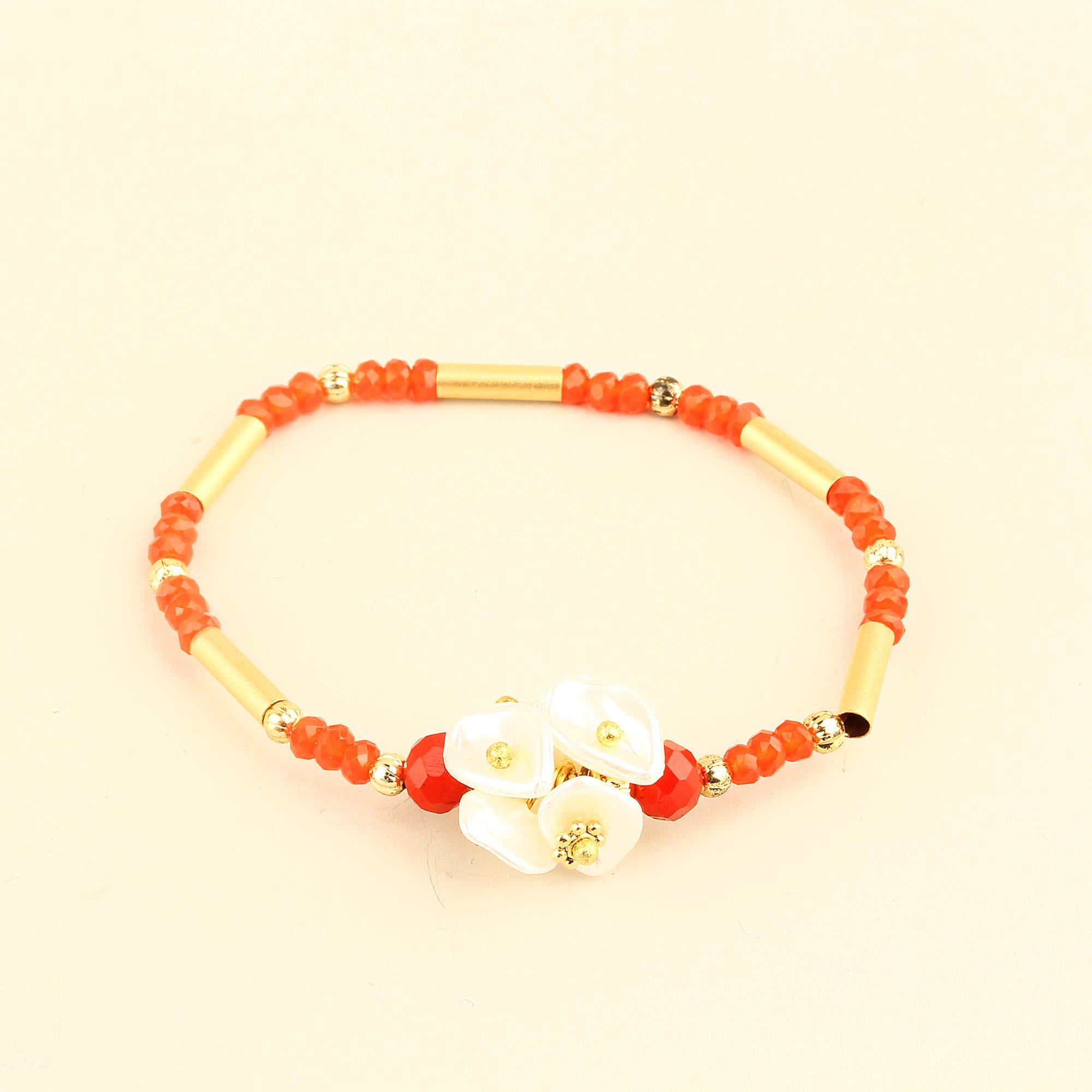 Pearl Bouquet Crystal Beads Thin Orange Bracelet