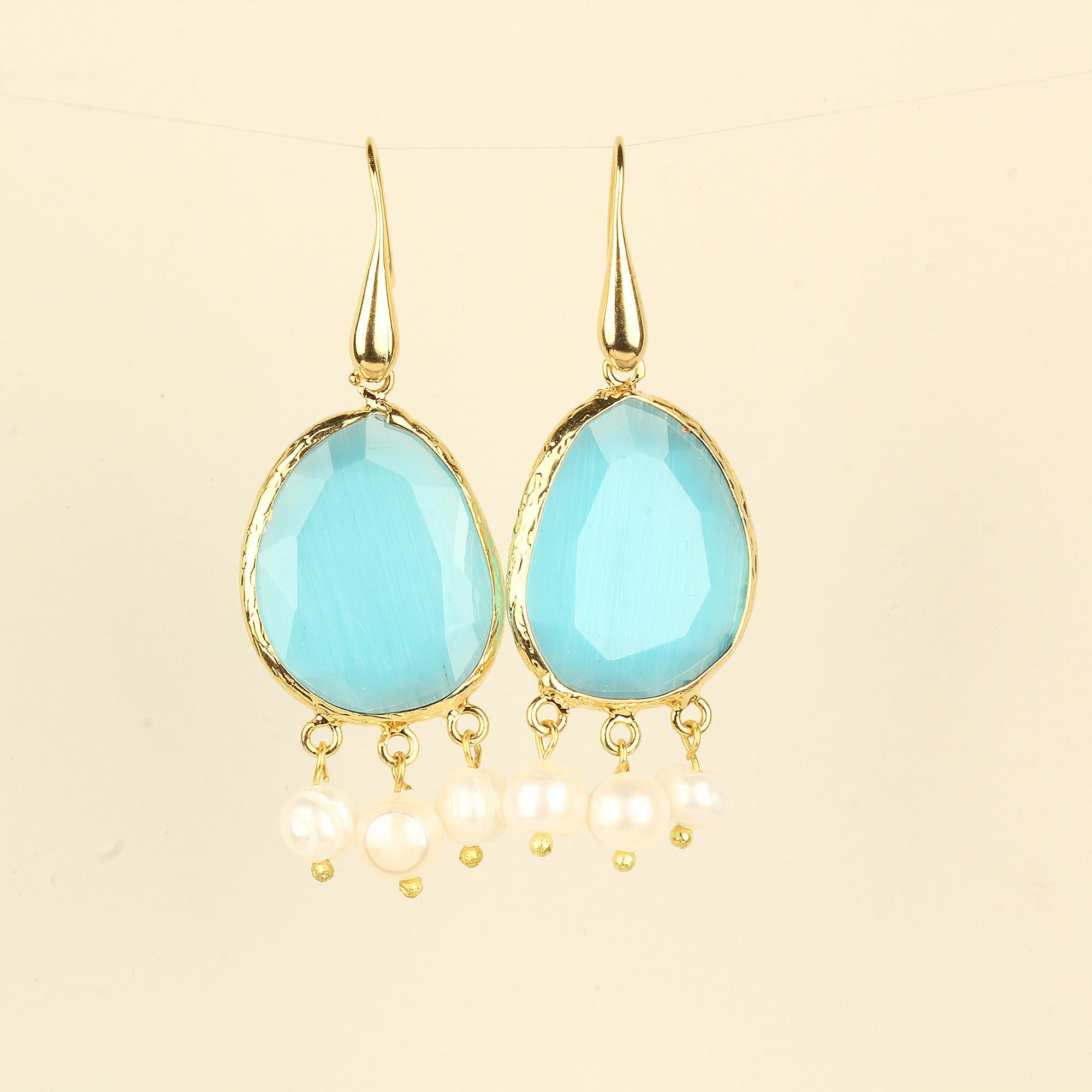 Pearl Dangle Blue Cat Eye Hook Earrings