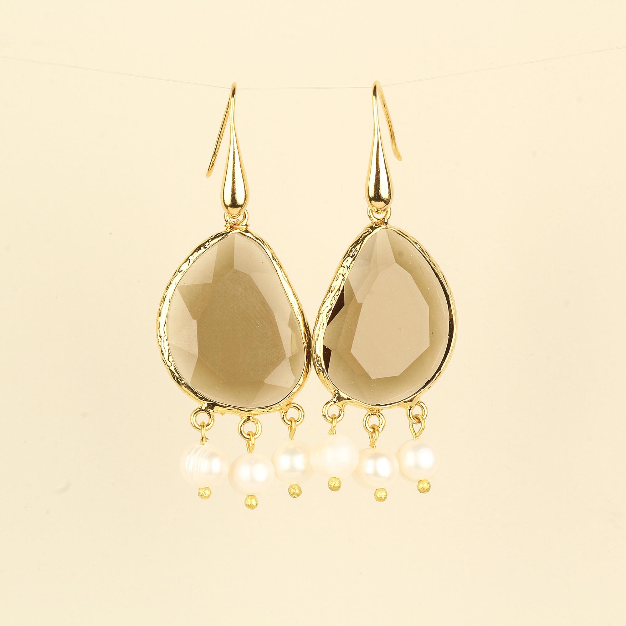 Pearl Dangle Brown Cat Eye Hook Earrings