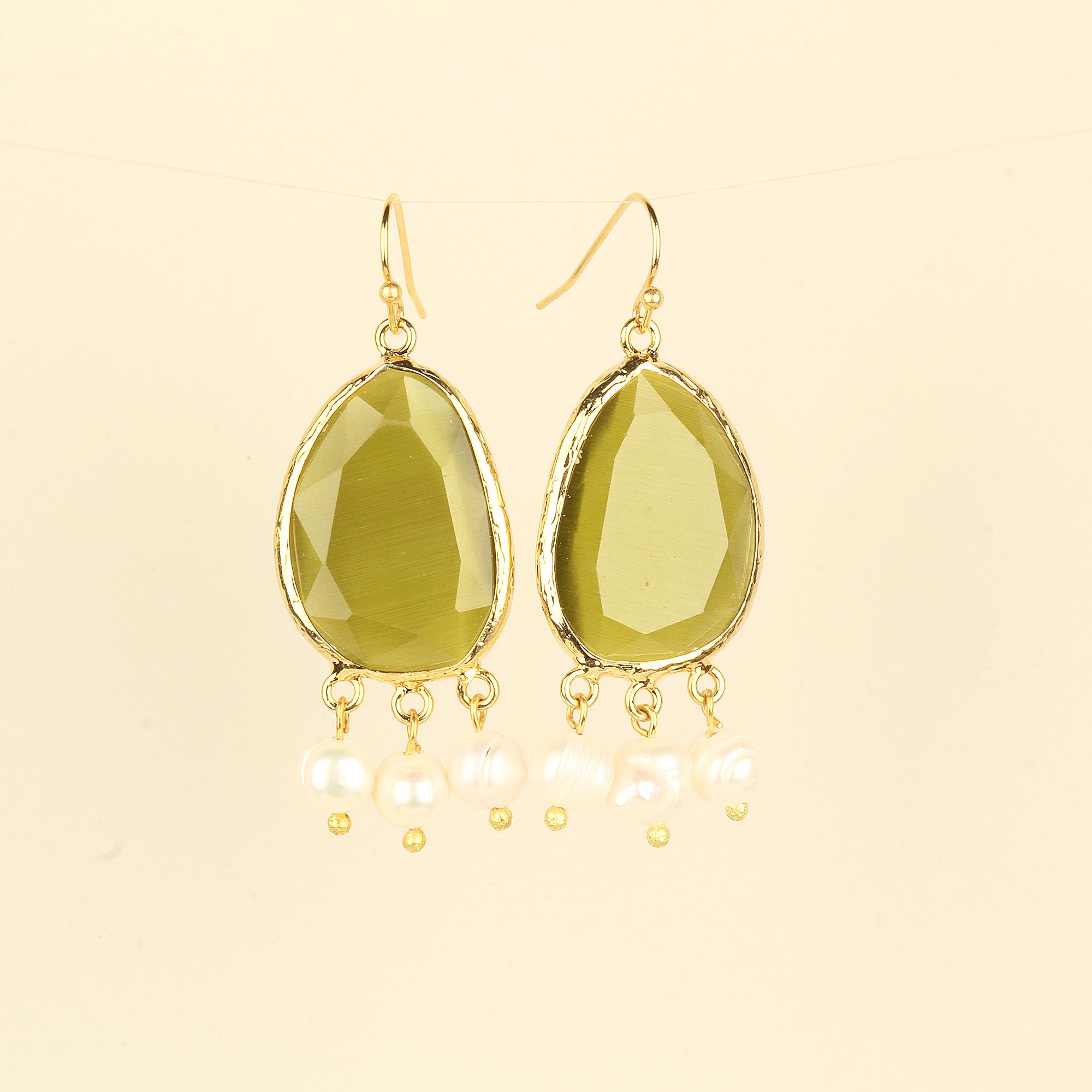 Pearl Dangle Green Cat Eye Hook Earrings
