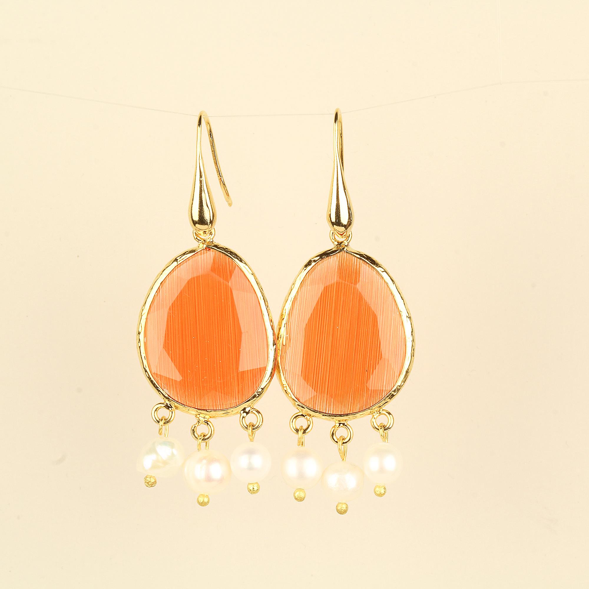 Pearl Dangle Orange Cat Eye Hook Earrings