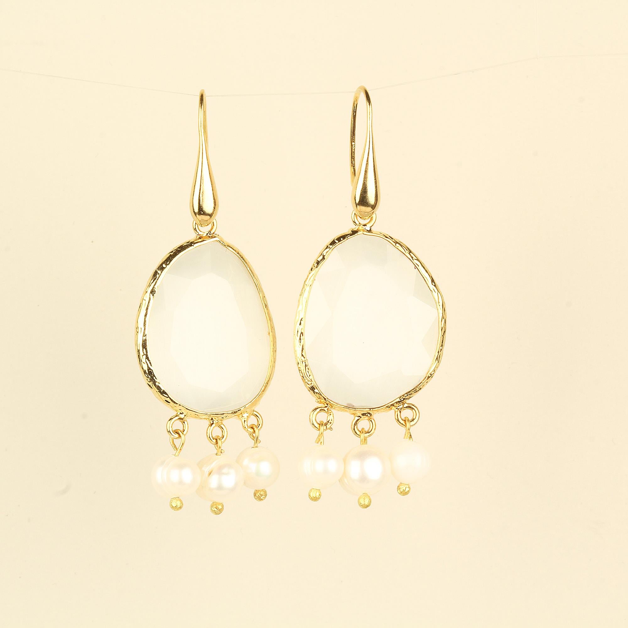Pearl Dangle Orange Cat Eye Hook Earrings
