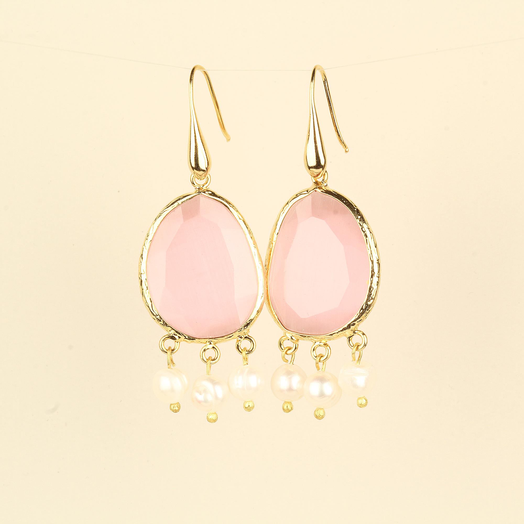 Pearl Dangle Pink Cat Eye Hook Earrings