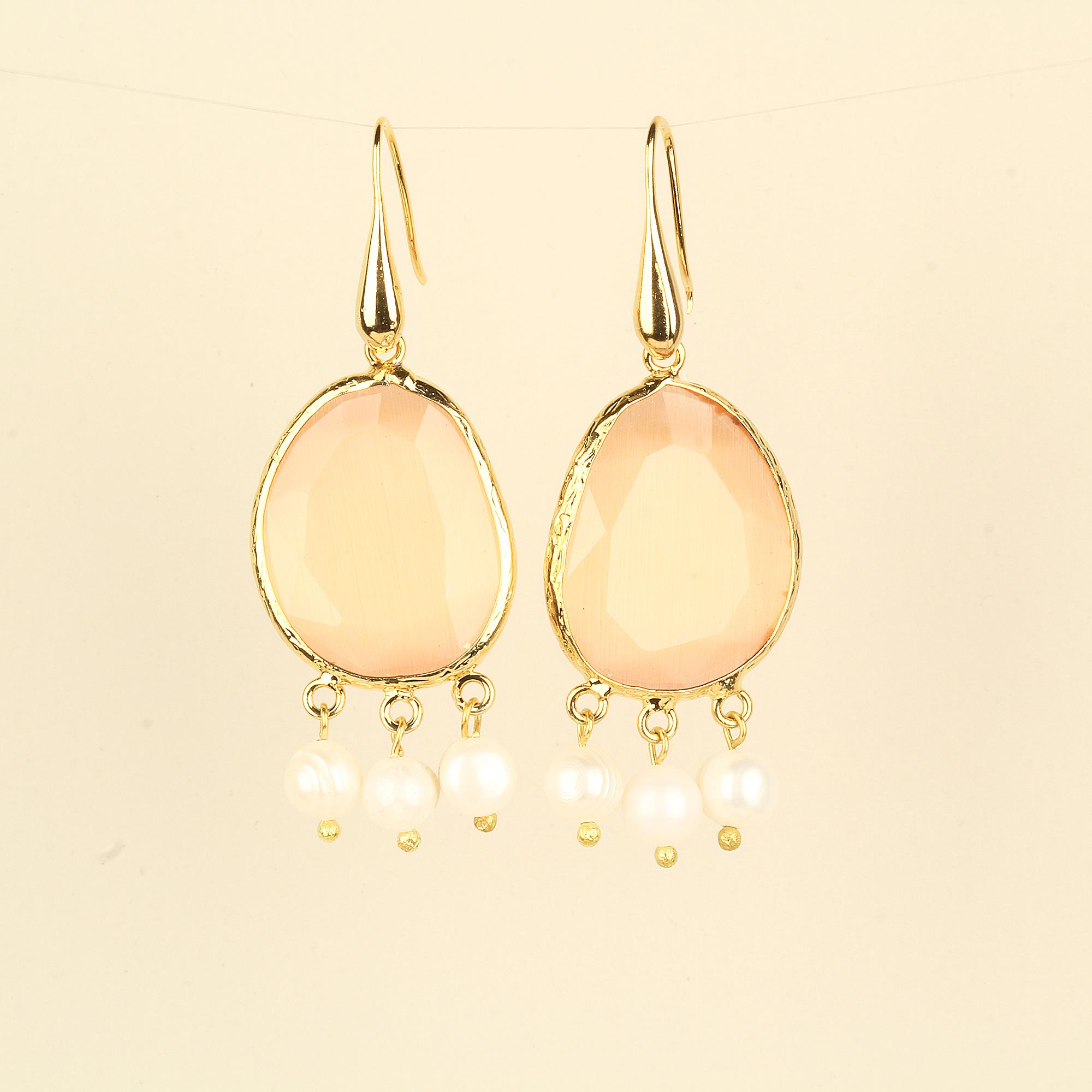 Pearl Dangle Salmon Cat Eye Hook Earrings