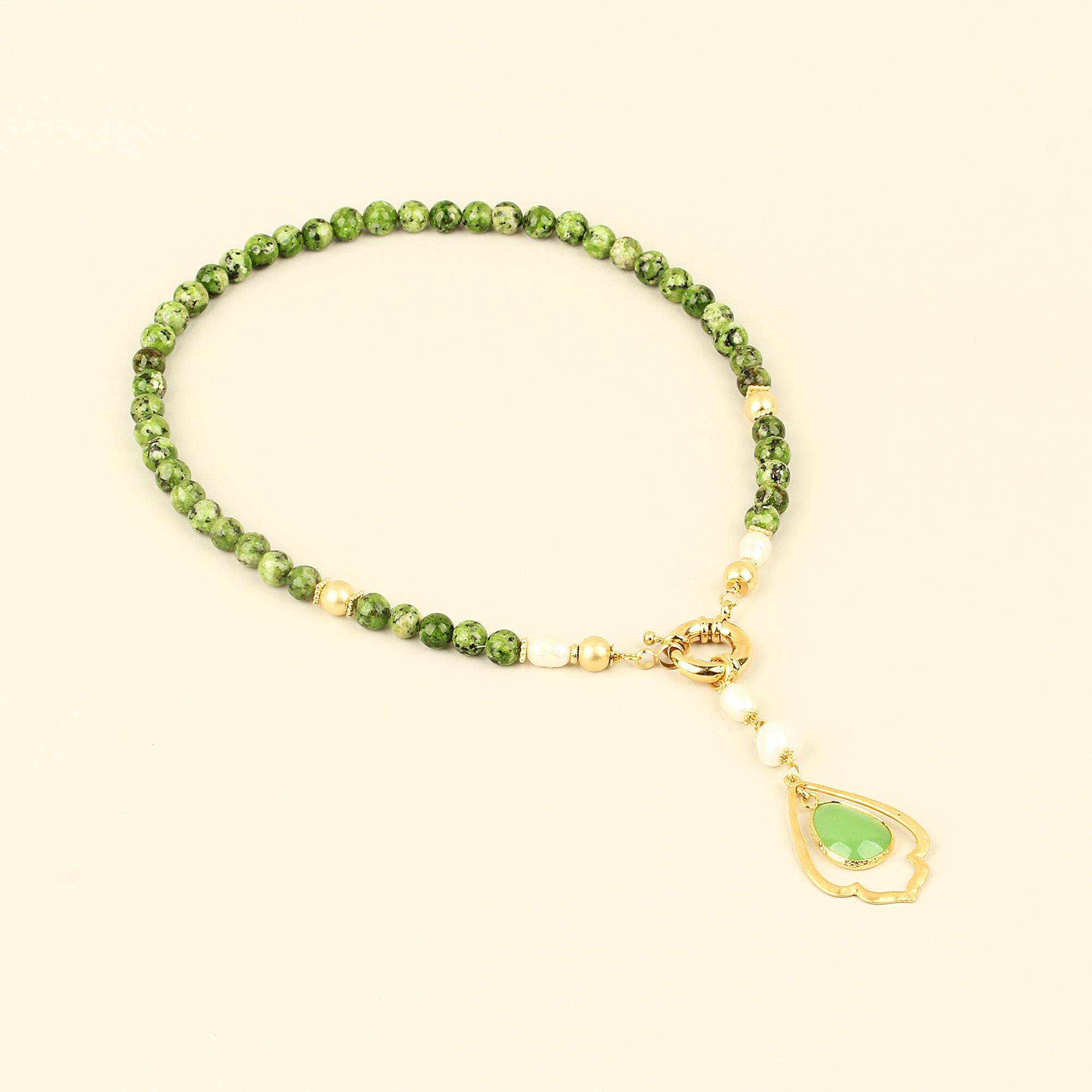Pearl Detailed Drop Green Necklace
