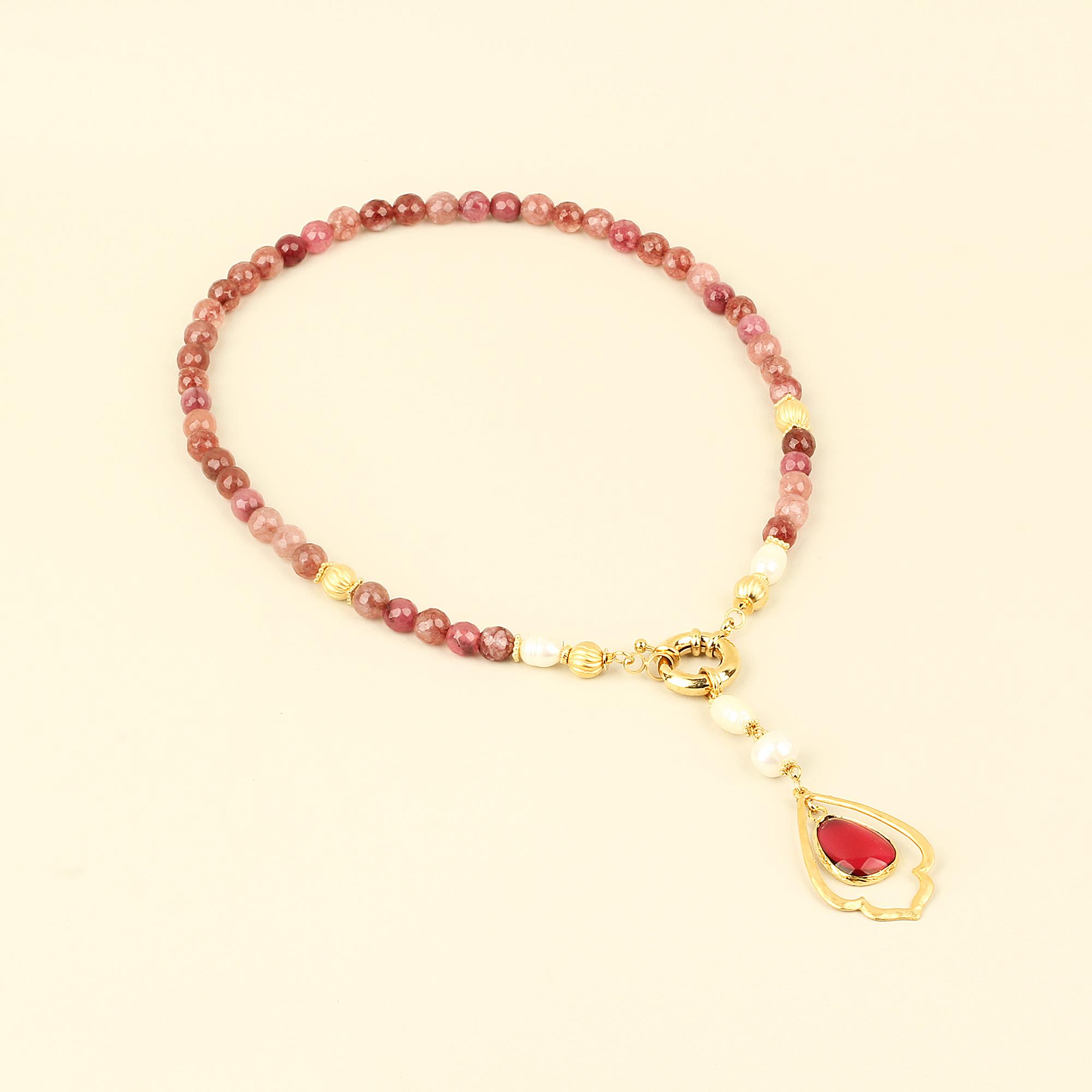 Pearl Detailed Drop Pink Necklace