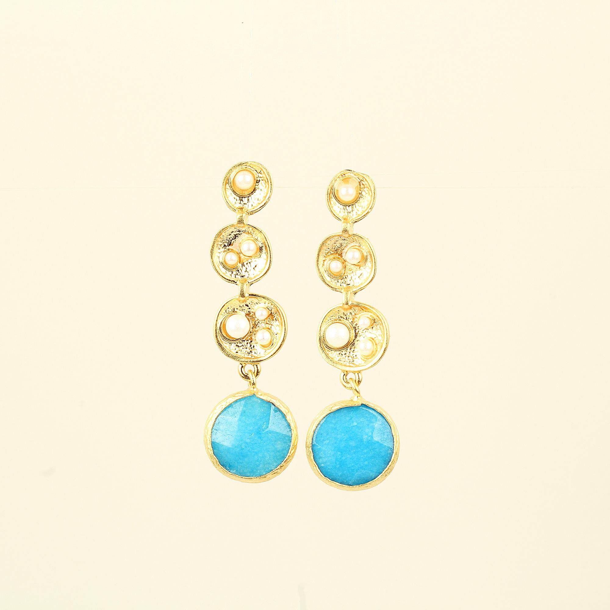 Pearl Detailed Earrings With Blue Natural Stone