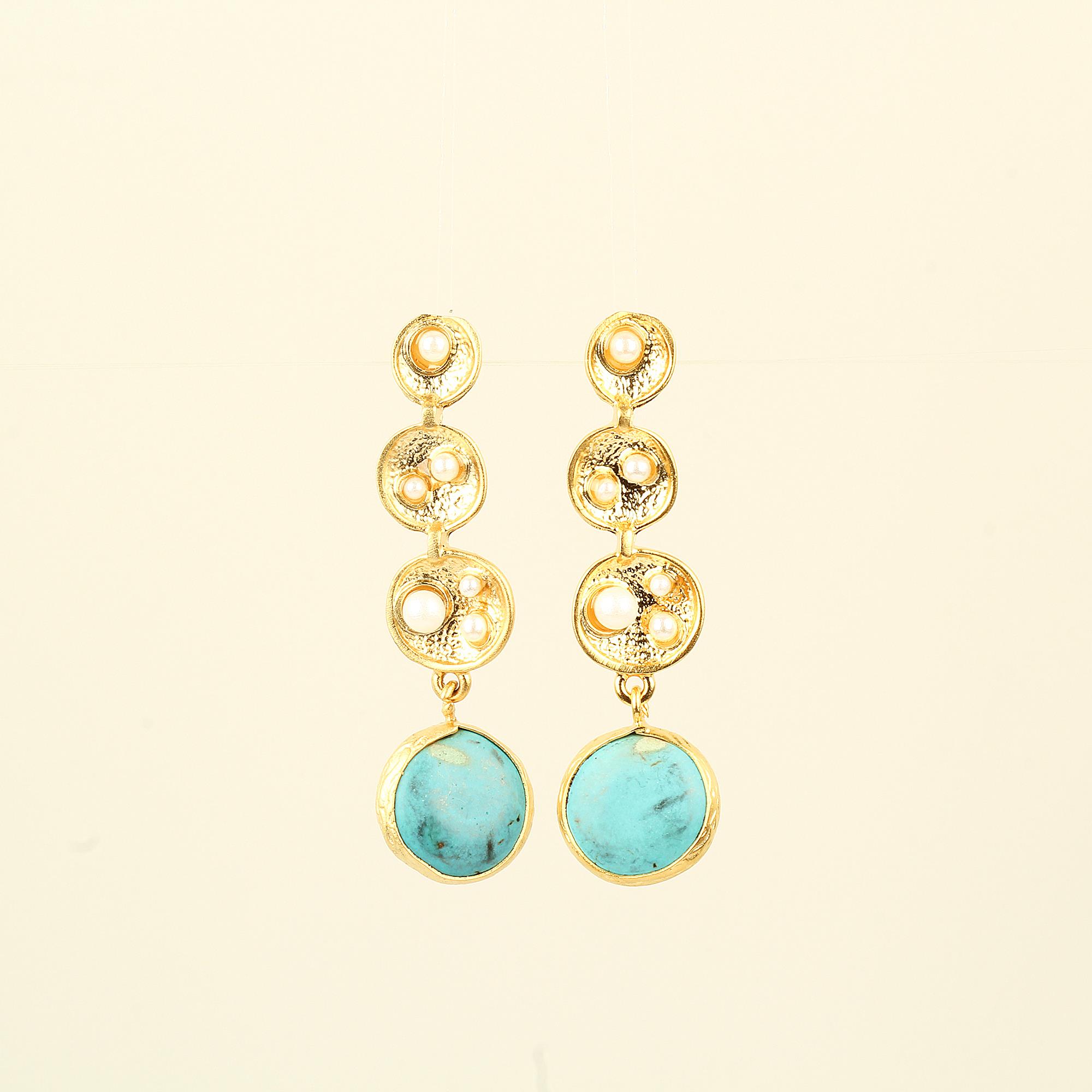Pearl Detailed Earrings With Turquoise Stone