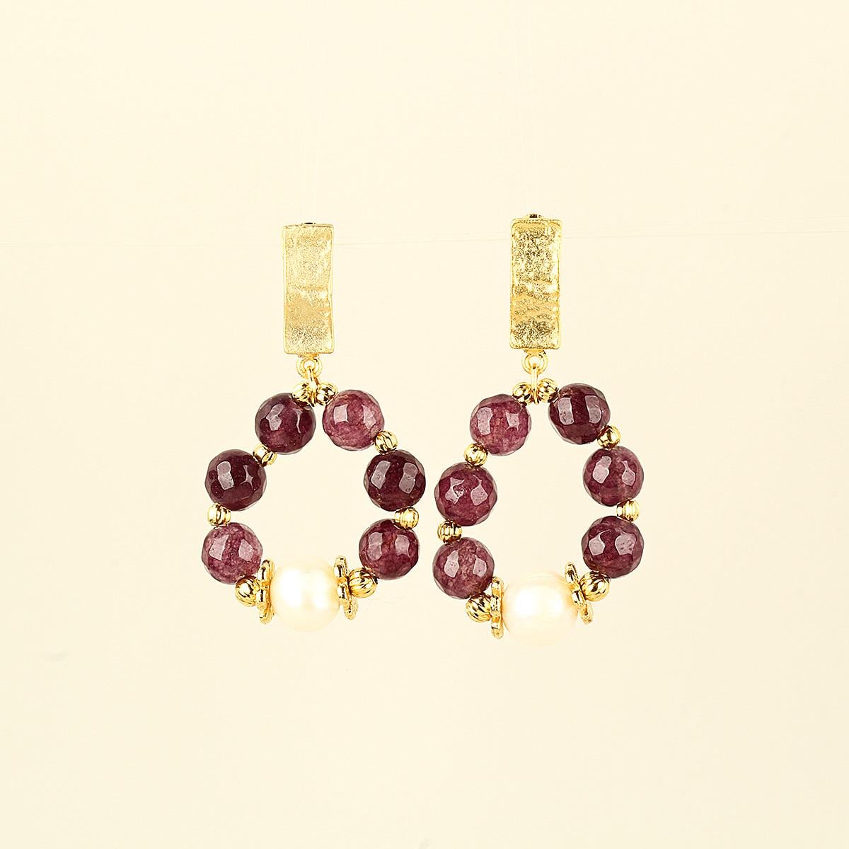 Pearl & Natural Stones Burgundy Hoop Earring