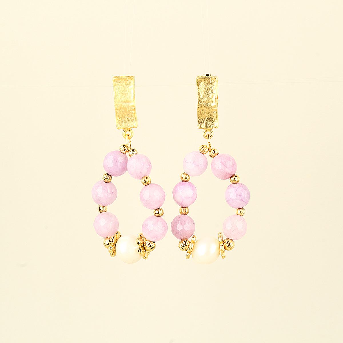 Pearl & Natural Stones Pink Hoop Earring
