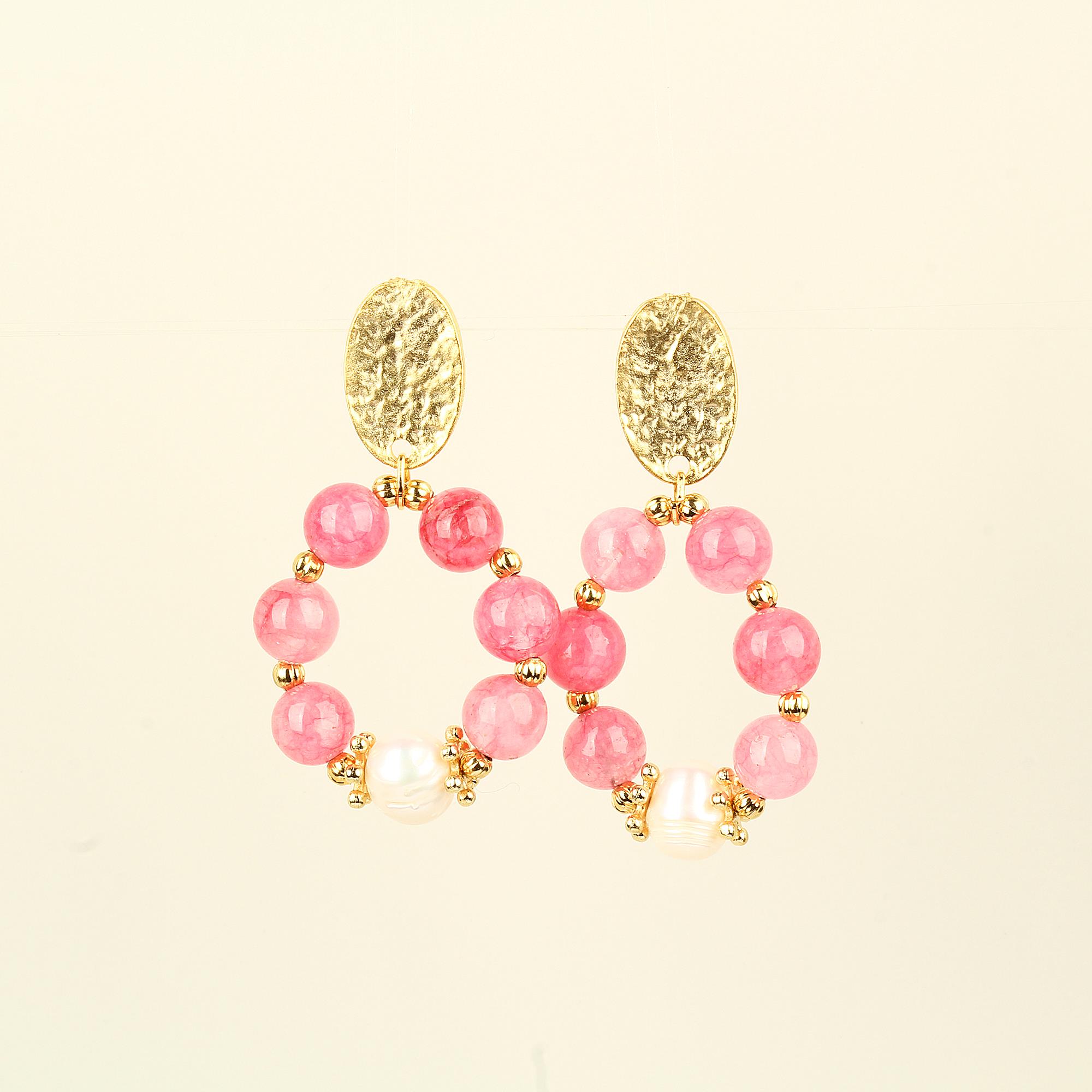 Pearl & Natural Stones Pink Hoop Earring