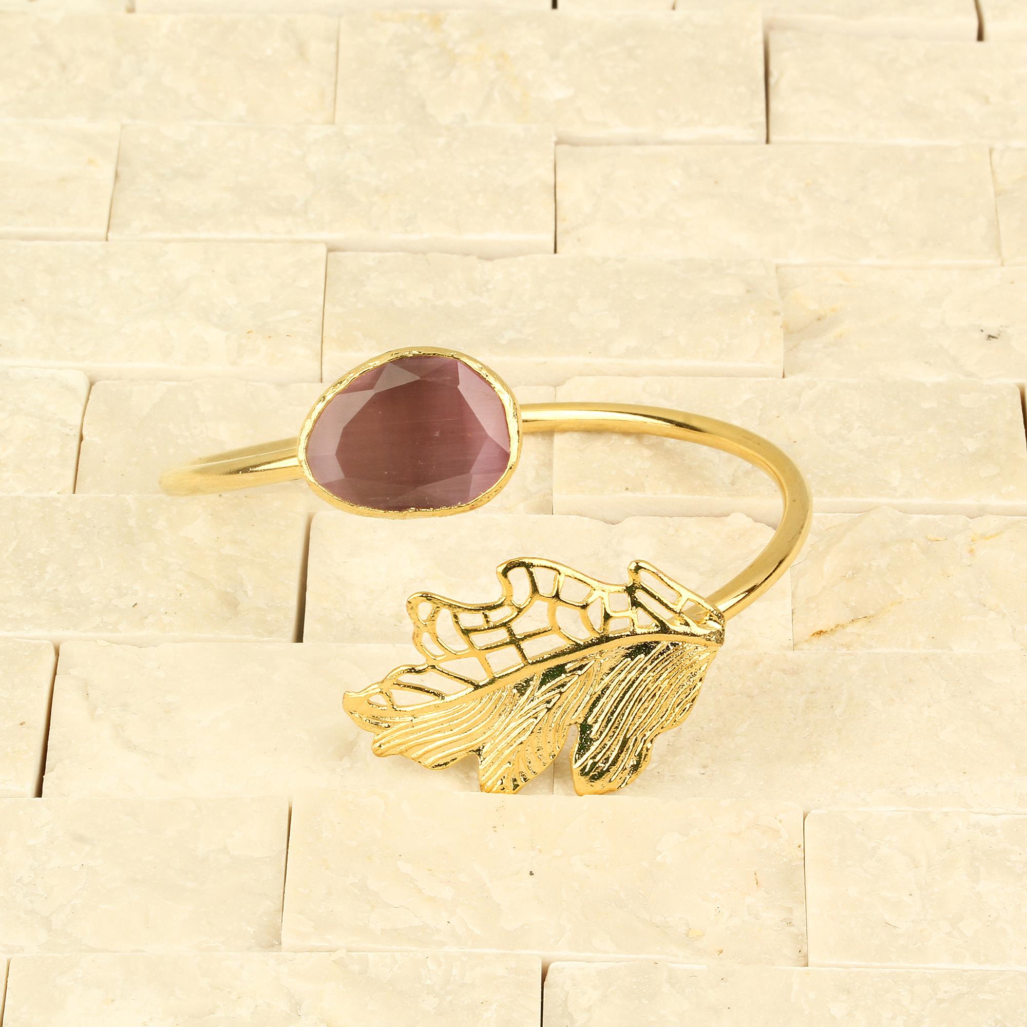 Pink Cat Eye Stone and Leaf Bracelet