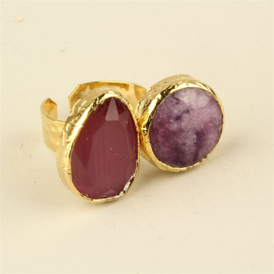 Pink Cats Eye & Purple Quartz Stone Duo Ring