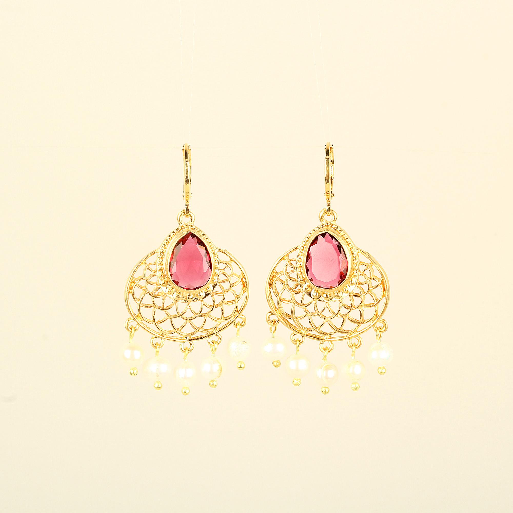 Pink Glass Stone Pearl Dangle Ethical Metal Earrings