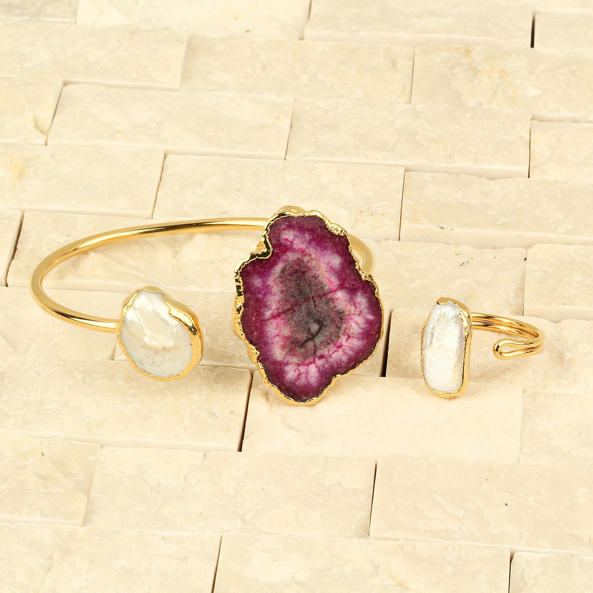 Pink Natural Stone Cuff With Pearl Ring