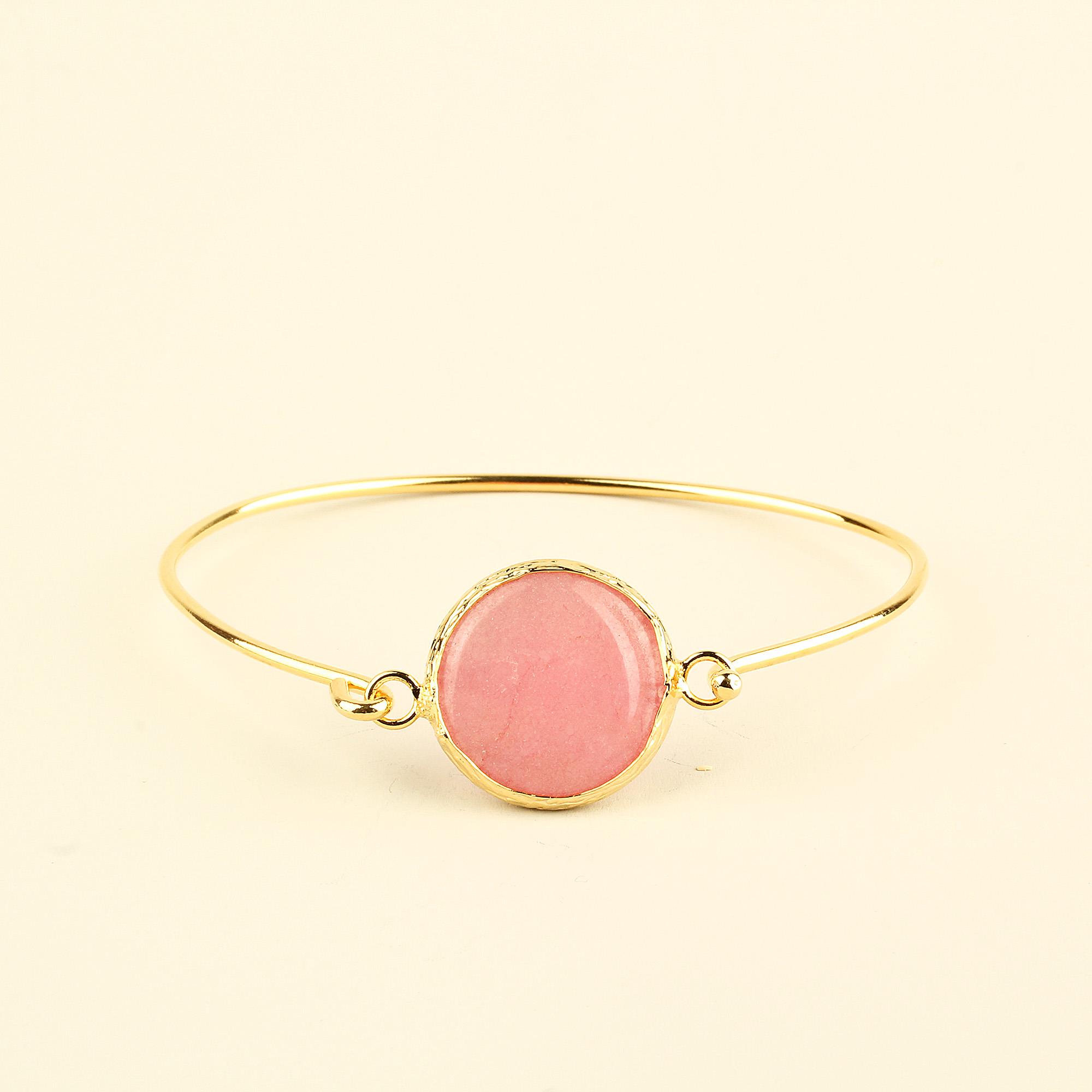 Pink Natural Stone Round Metal Bracelet