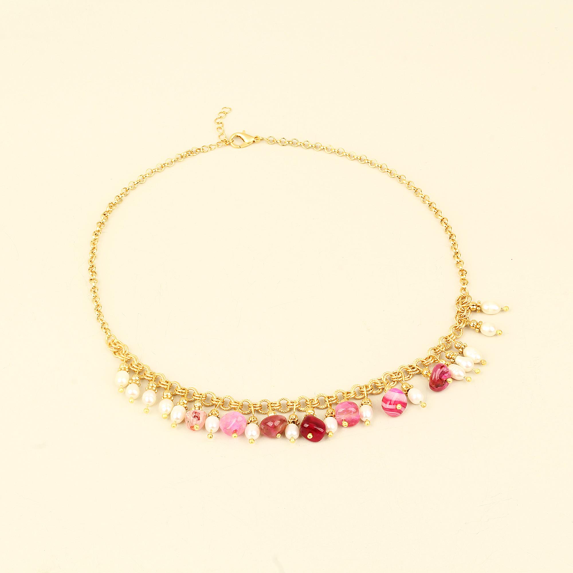 Pink Natural Stones and Pearl Short Chain Necklace