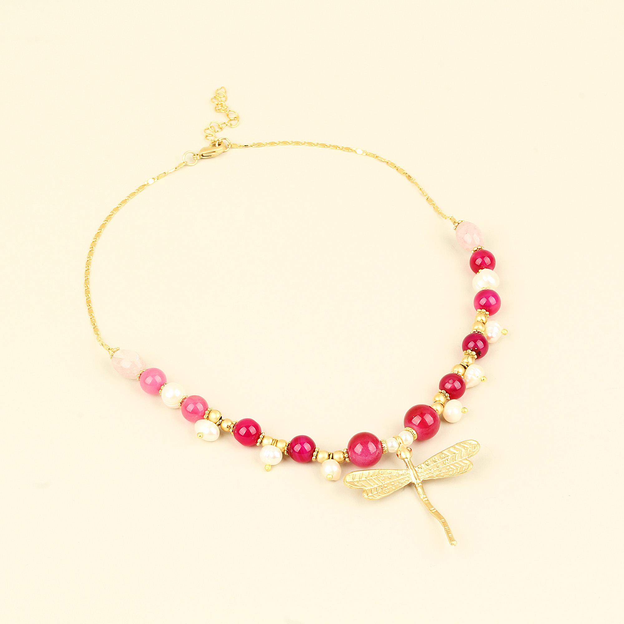Pink Natural Stones Pearl Detailed Dragonfly Chain Necklace