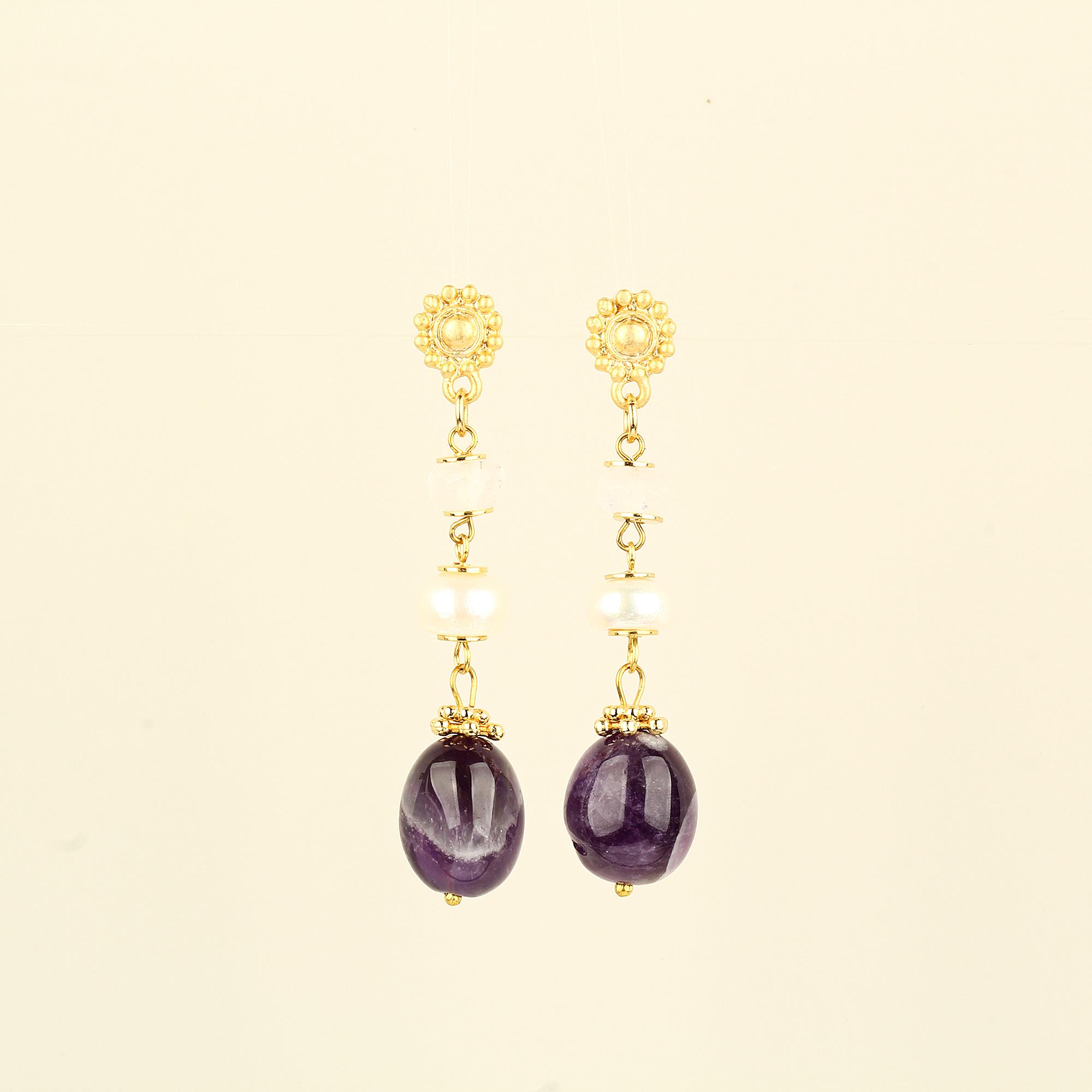 Purple Natural Stone Earrings With Pearl