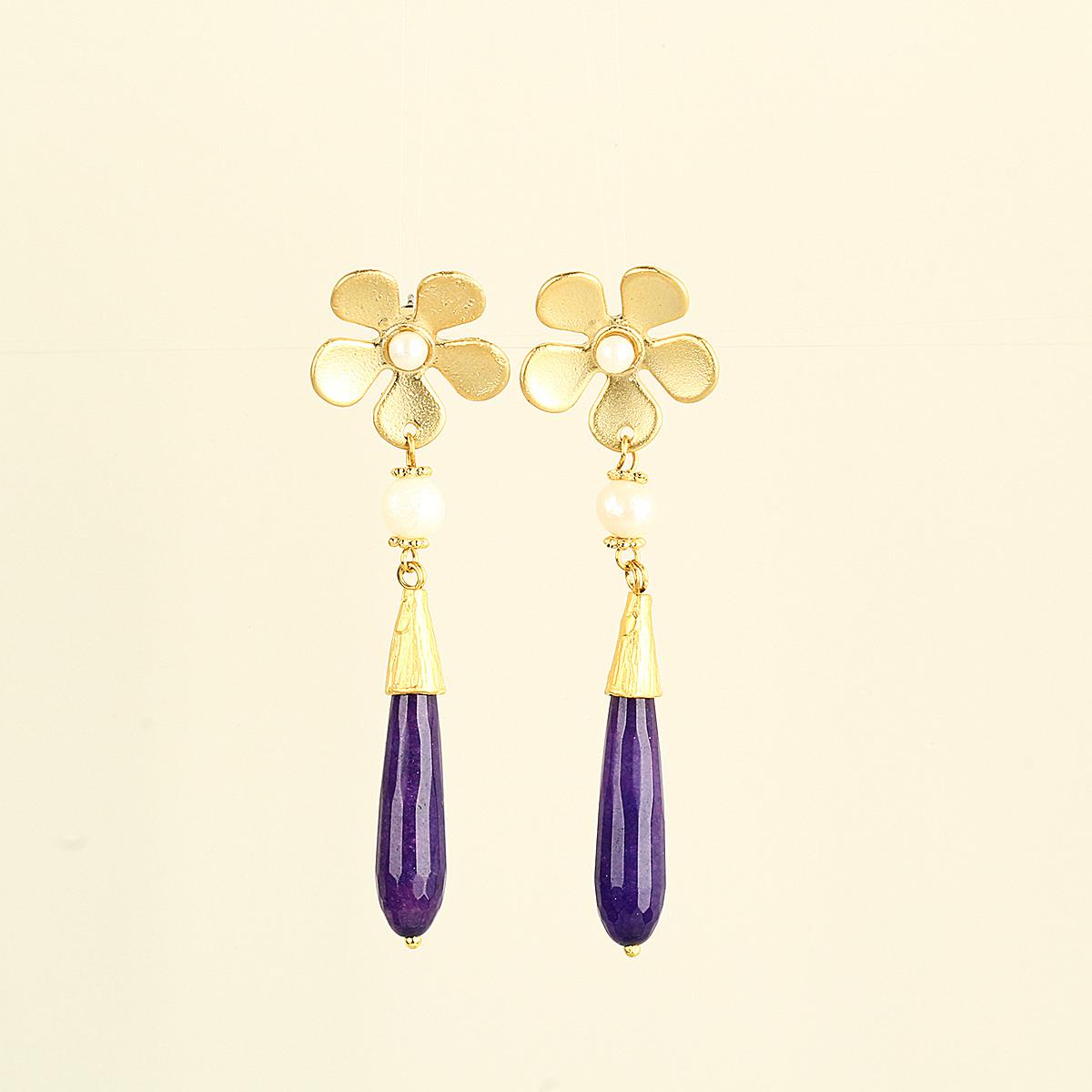 Purple Natural Stone&Pearl Daisy Earrings