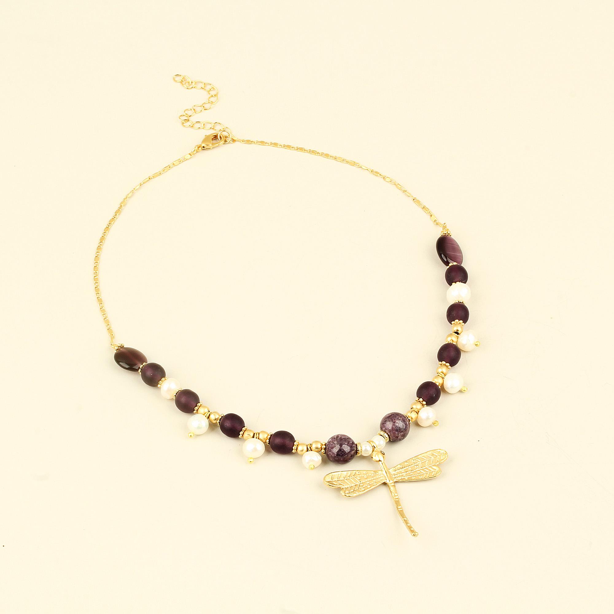 Purple Natural Stones Pearl Detailed Dragonfly Chain Necklace