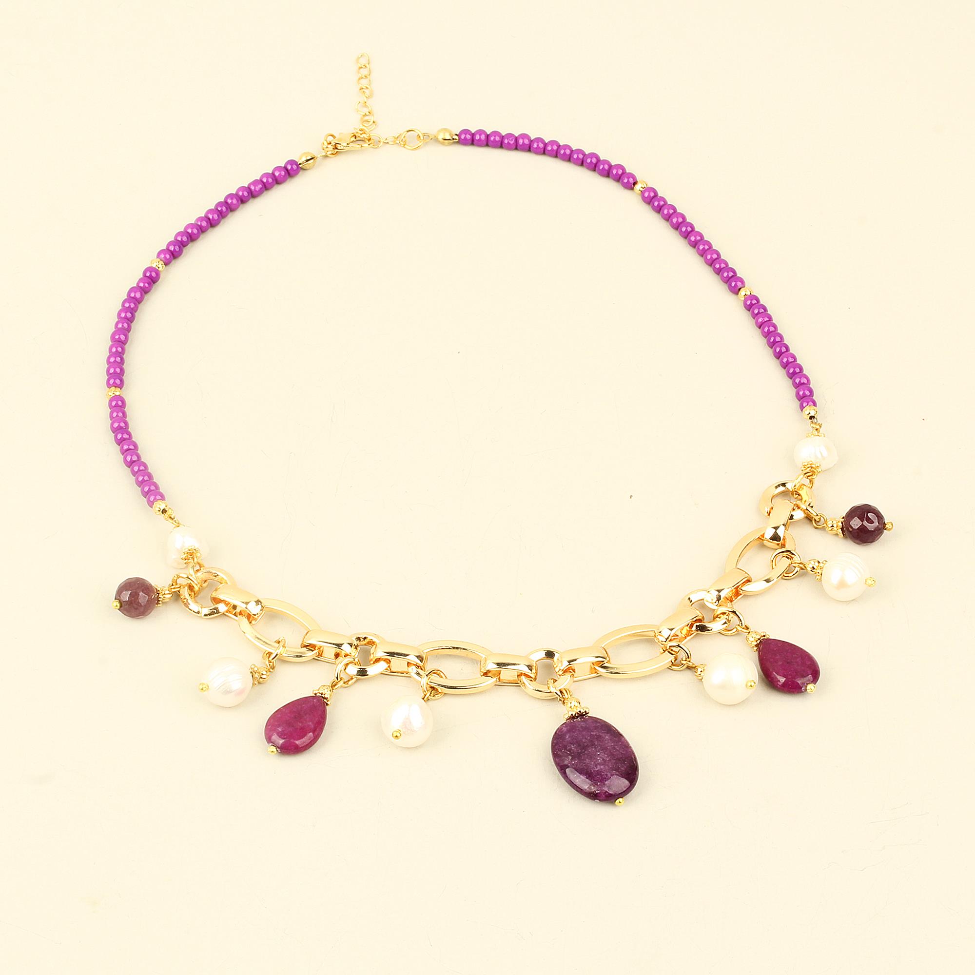 Purple Natural Stones Pearl Detailed Short Necklace