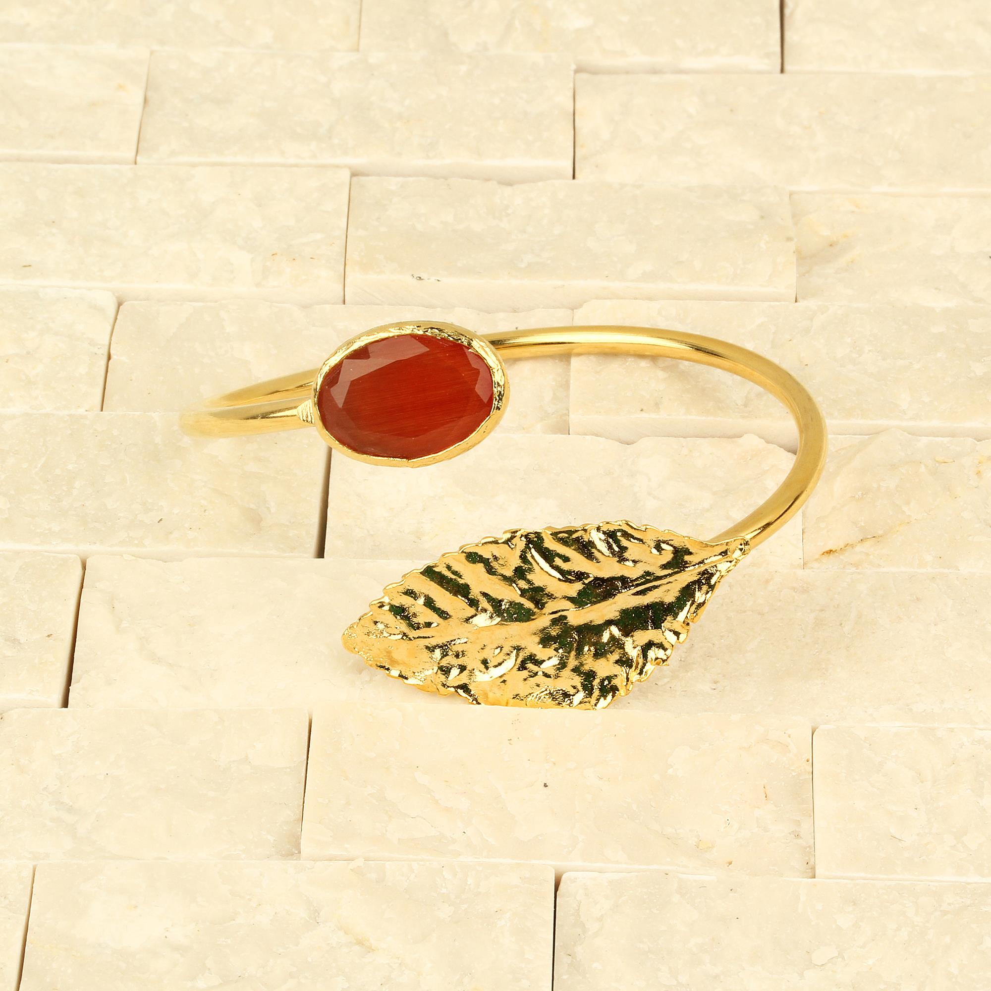 Red Cat Eye Stone and Leaf Bracelet
