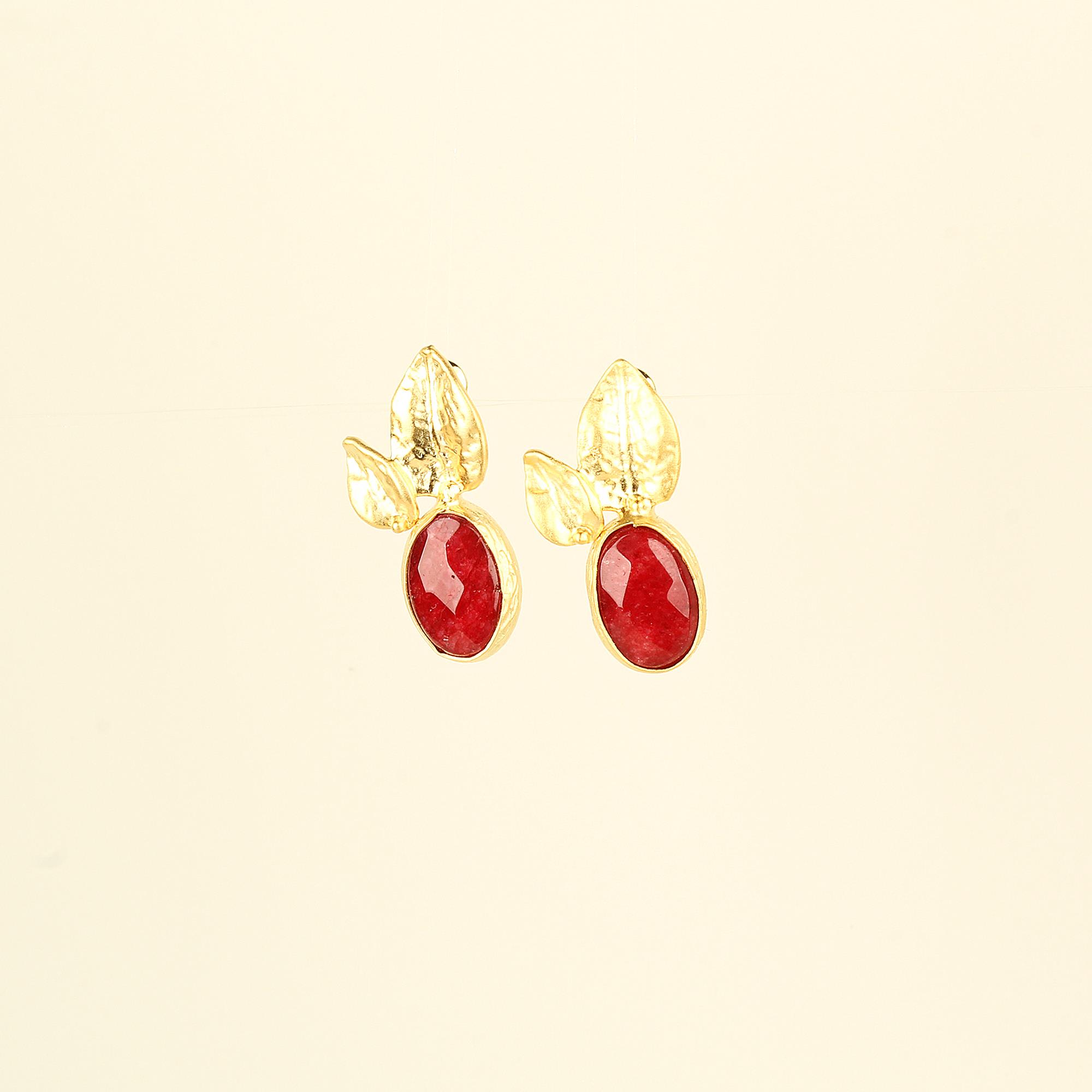 Red Natural Stone Leaf Earrings