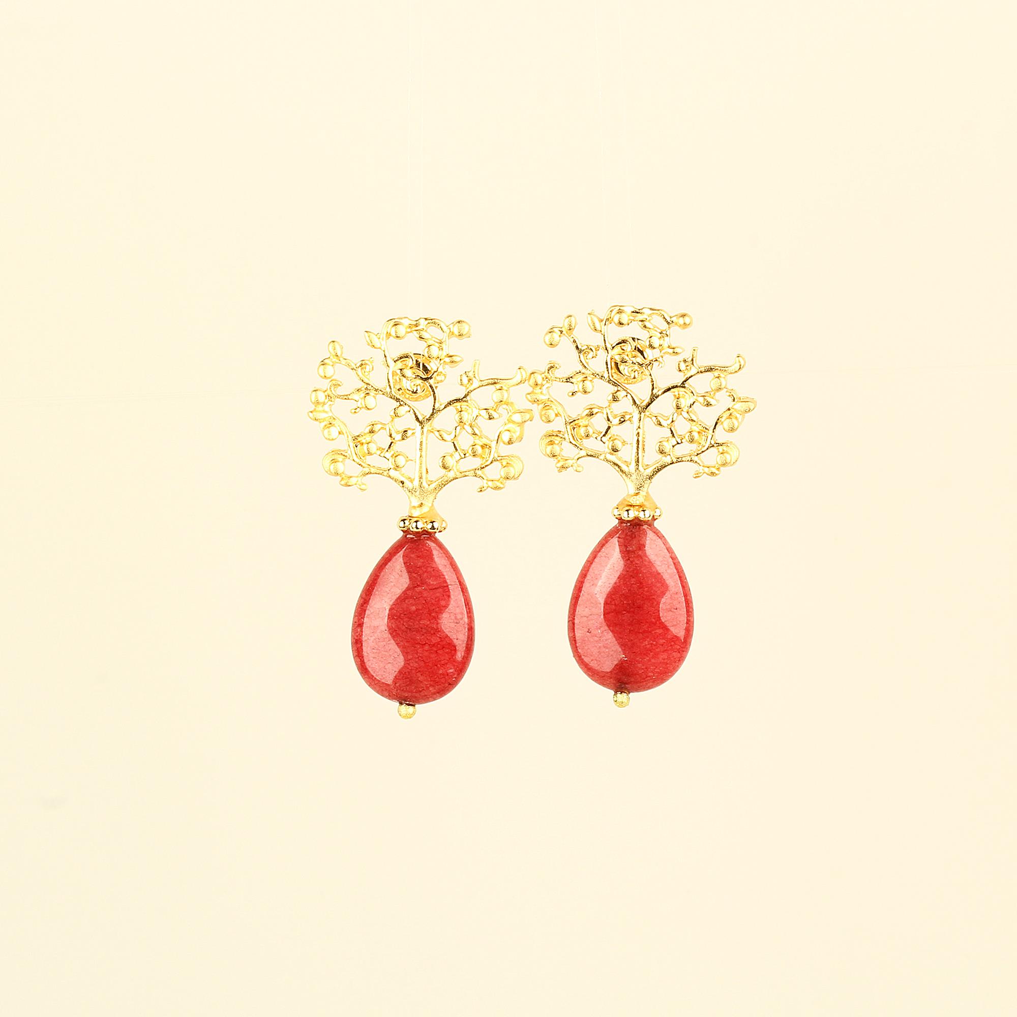 Red Natural Stone Tree Of Life Earrings