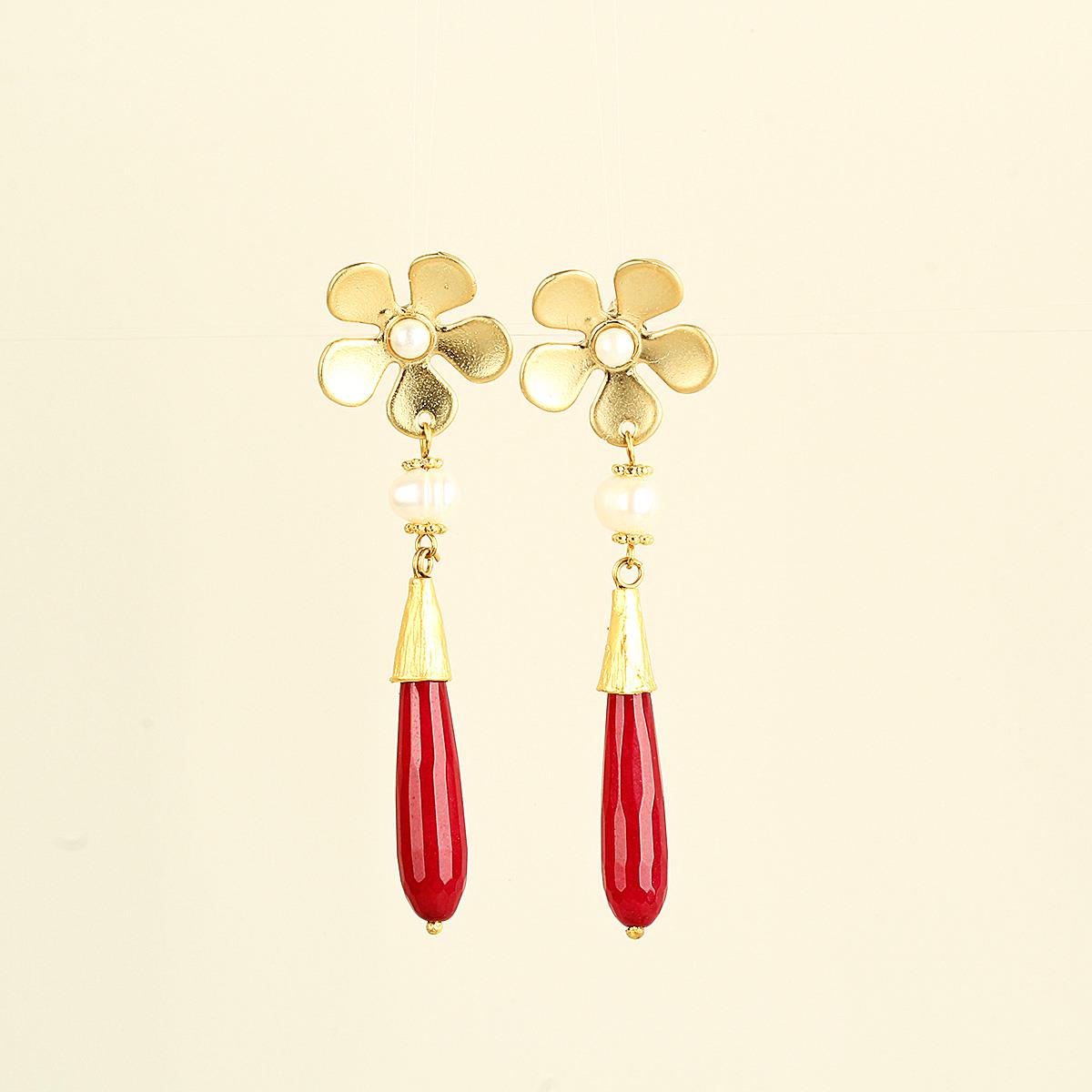 Red Natural Stone&Pearl Daisy Earrings