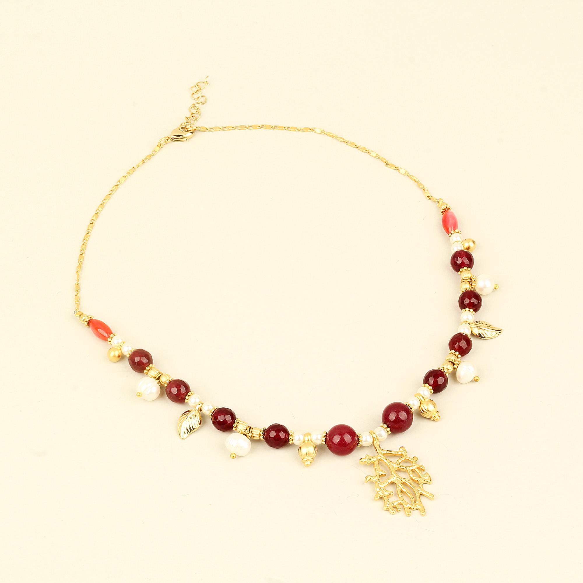 Red Natural Stones Pearl Detailed Coral Necklace