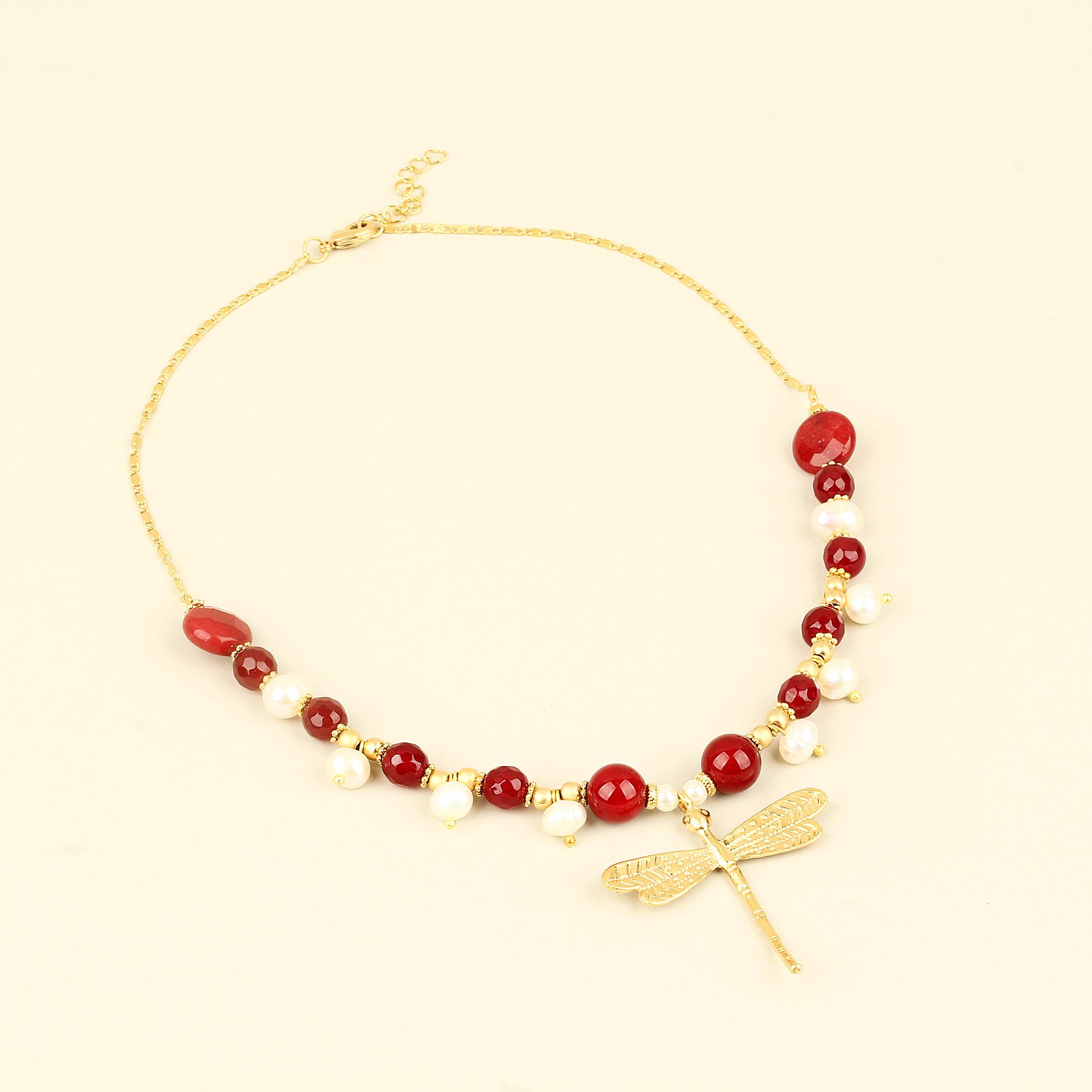 Red Natural Stones Pearl Detailed Dragonfly Chain Necklace