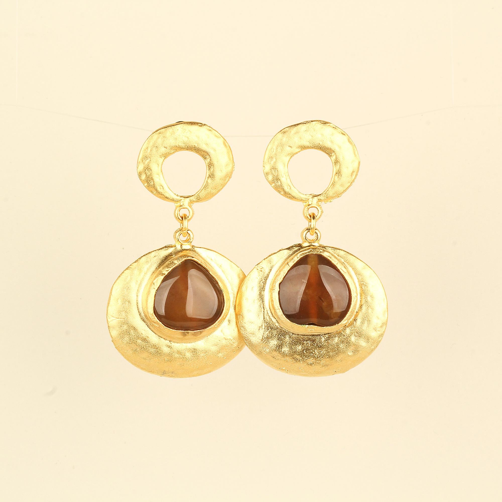 Round Dangled Brown Natural Stone Earrings