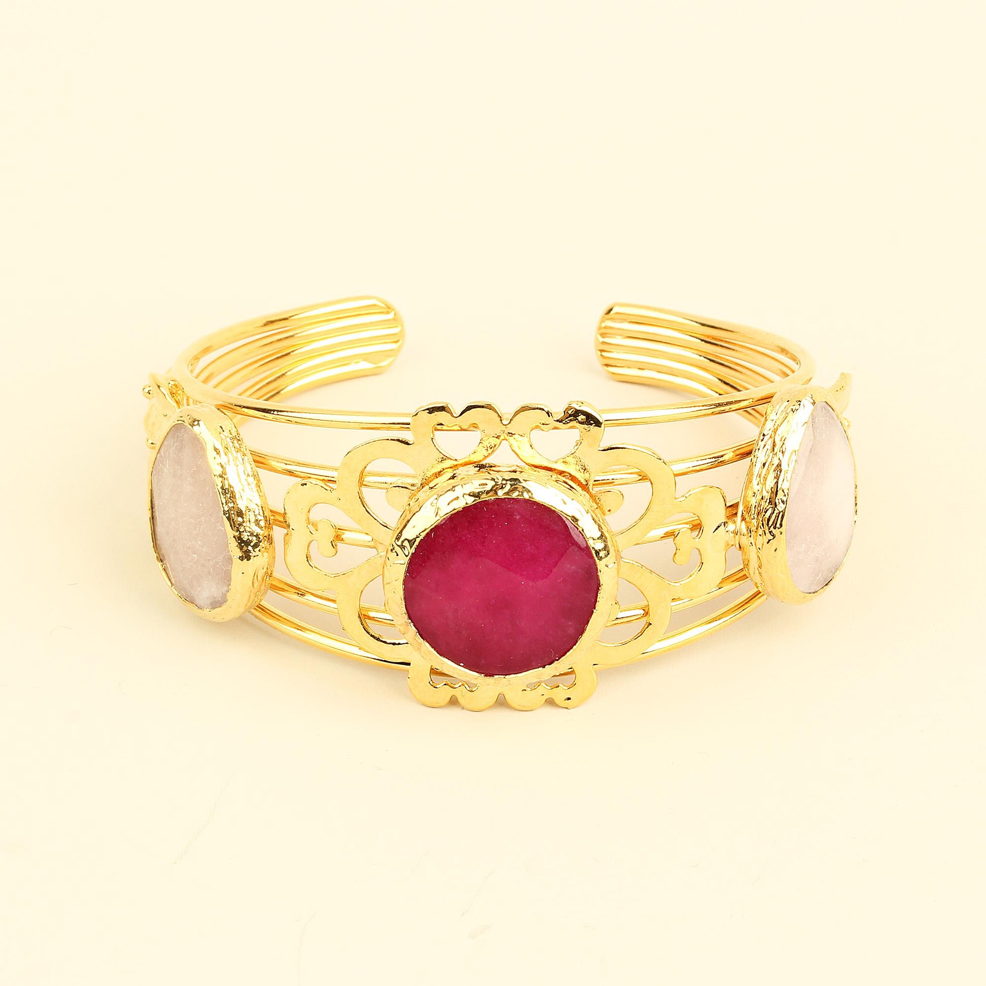 Trio Natural Stones Leaf Detail Cuff Bracelet (No Color Option)