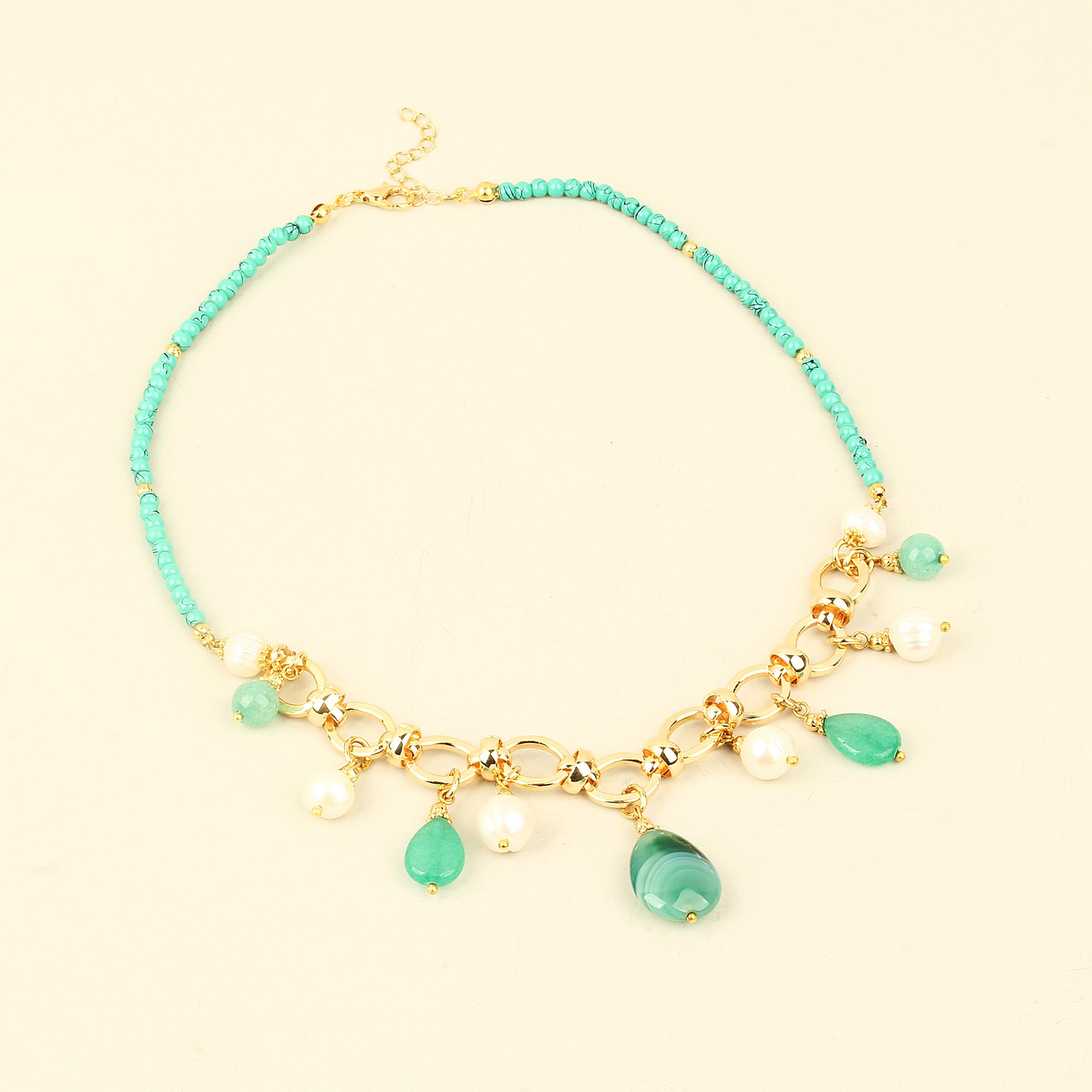 Turquoise Natural Stones Pearl Detailed Short Necklace